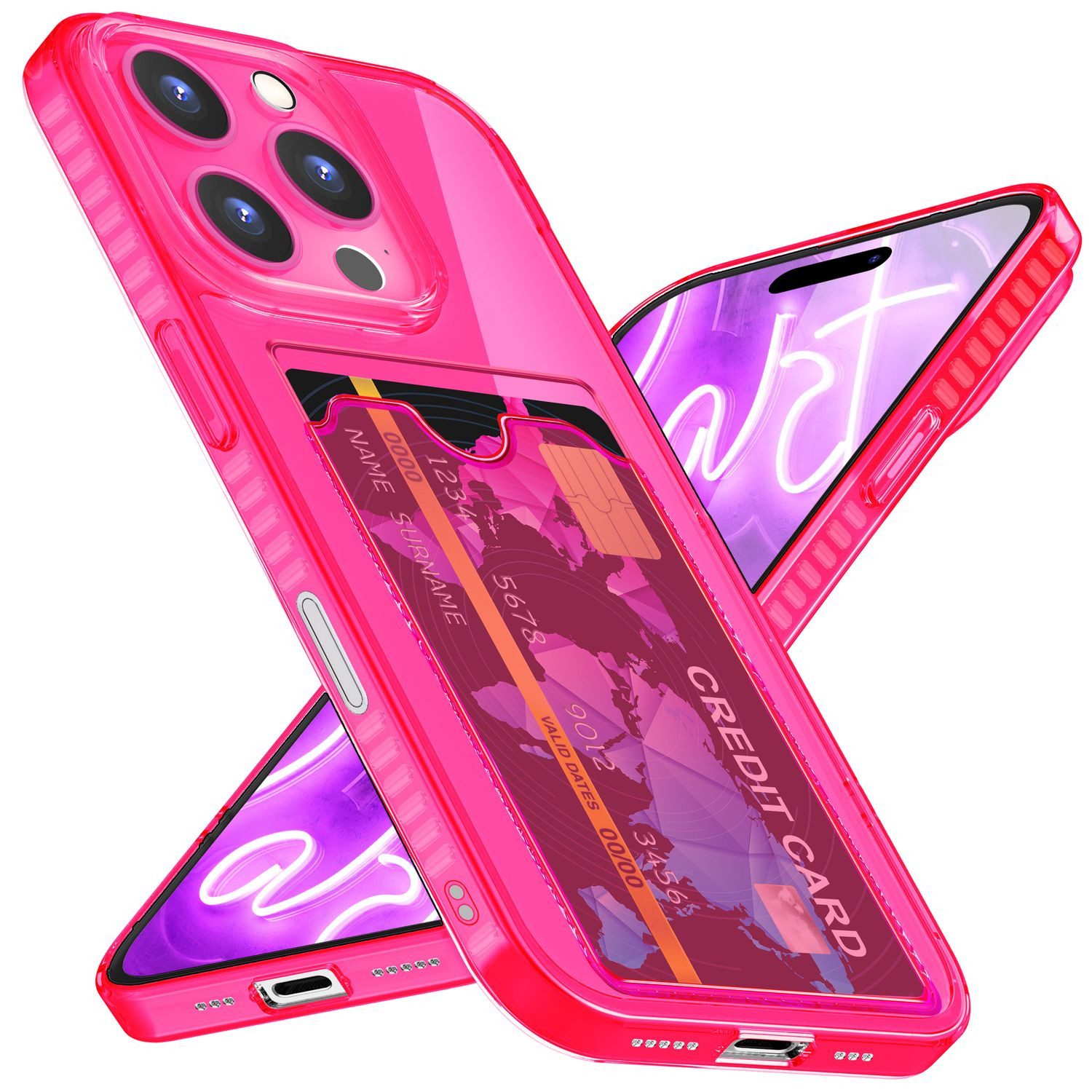 Nalia Smartphone-Hülle Apple iPhone 16 Pro 16 cm (6,3 Zoll), Klare Neon Silikon Hülle mit Kartenfach / Durchsichtig Bunt Leuchtend