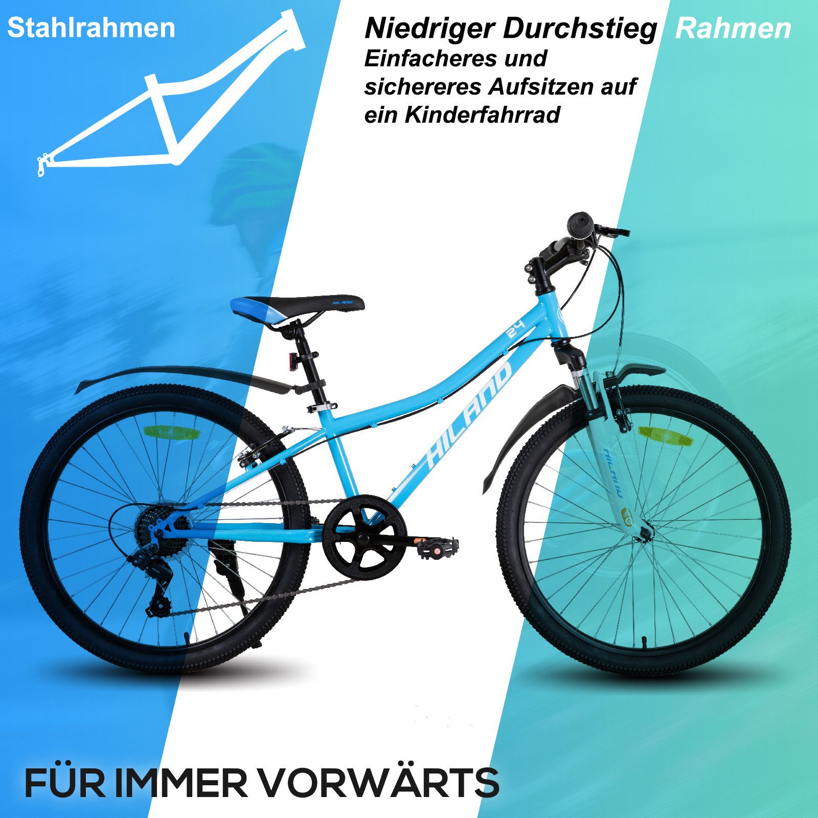 HILAND Kinderfahrrad 24 Zoll Kinderfahrrad ab 6-12 Jahre alt MTB Studenten-Pendlerfahrrad, mit Federgabel 7 Gang, V-Bremse, Hochwertiger Rahmen