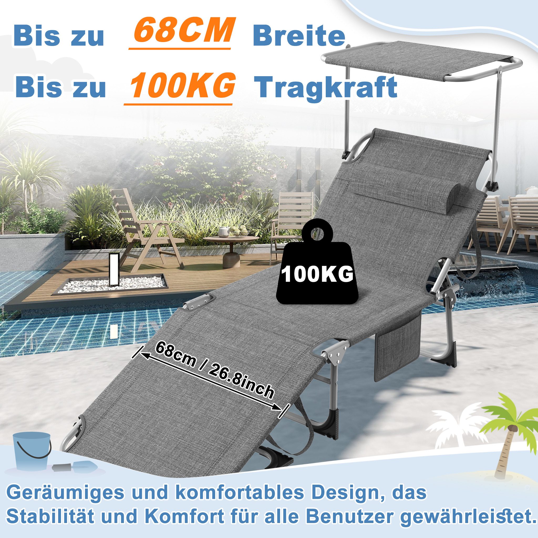 FIVMEN Gartenliege Sonnenliege Liegestuhl Garten Balkon Mit Sonnenschutz Klappbar Leicht, 1 St., Terrassen Liege Mit Dach Kopfkissen Tragegriffe Seitentasche – Bild 5 von 5