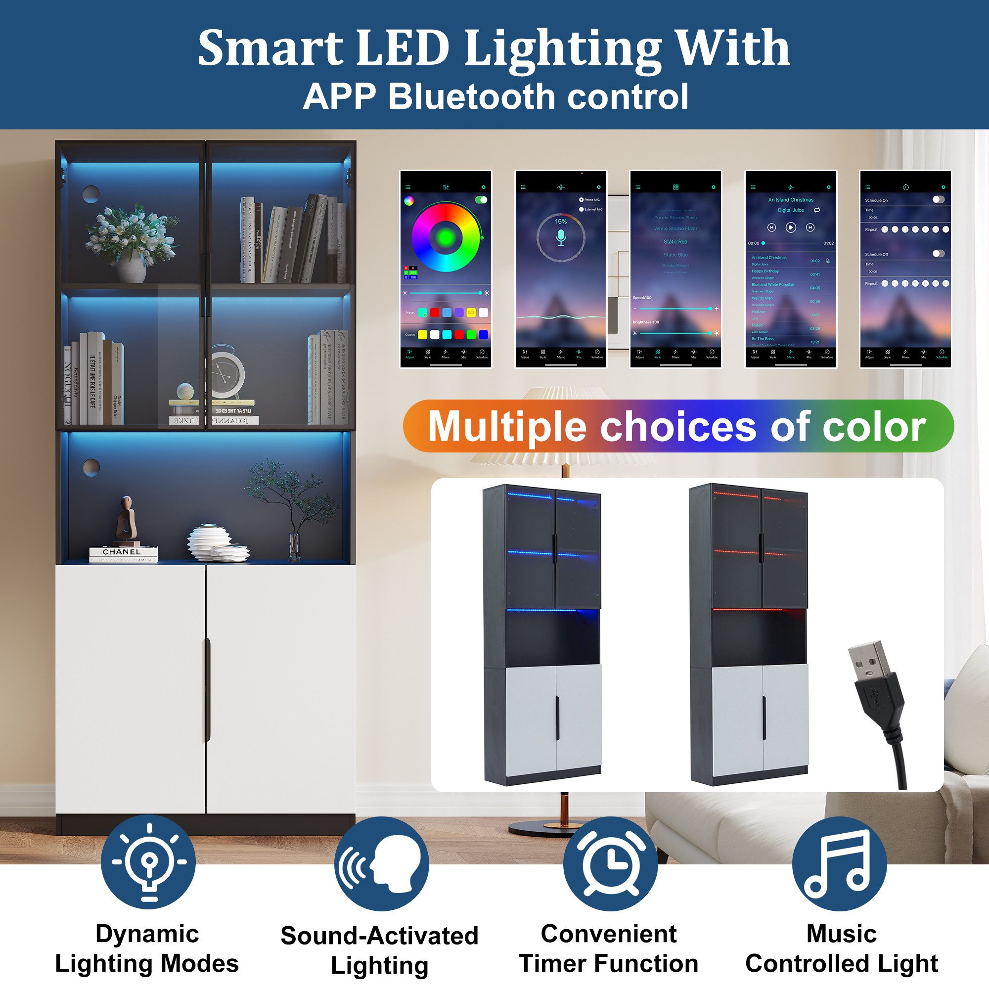 Merax Vitrine mit Glastüren und Stauraum Badezimmerschrank mit LED, Mehrzweckschrank,Bücherschrank, Höhe 200cm