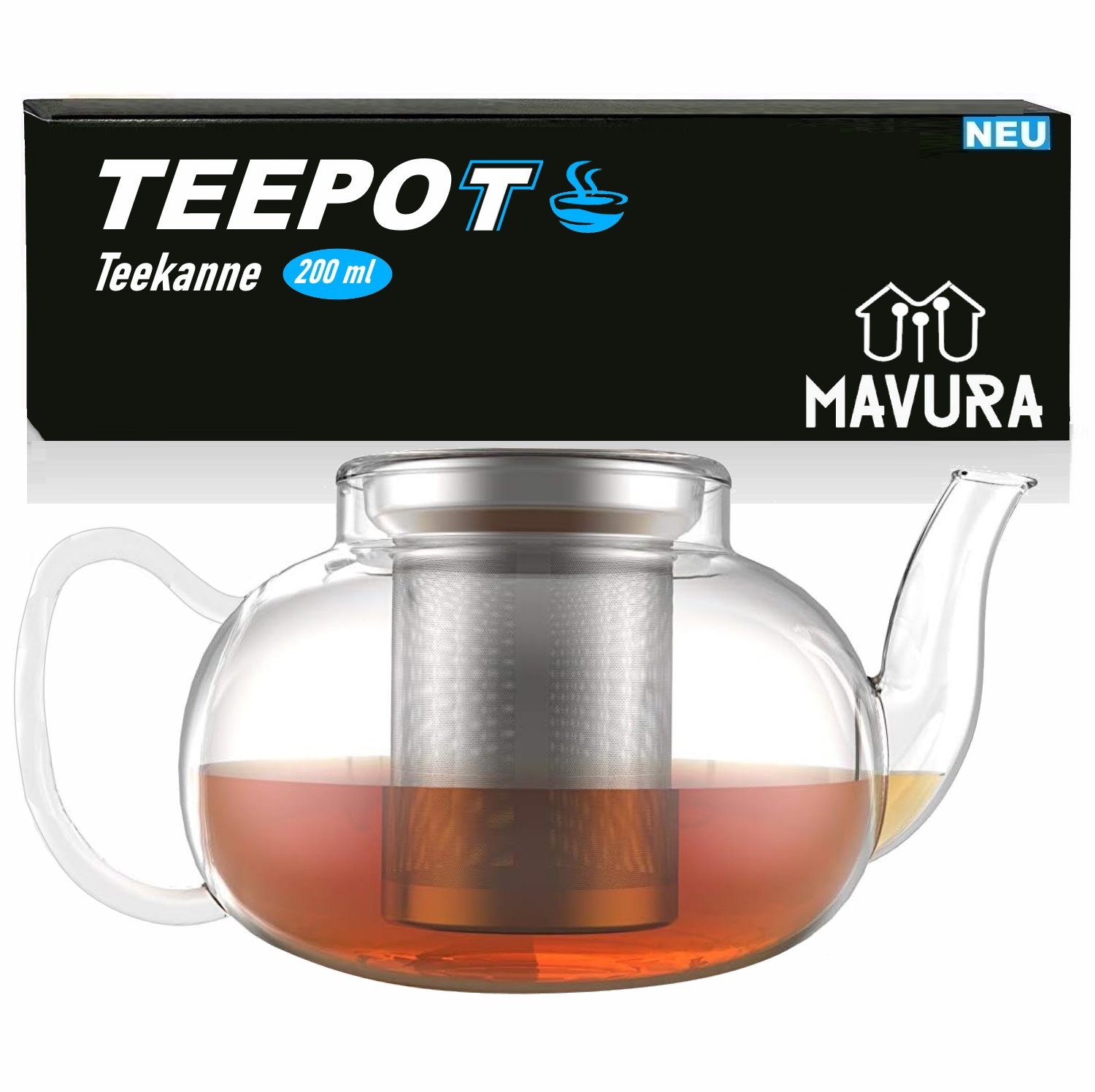 MAVURA Teekanne TEEPOT Tee Kanne mit Siebeinsatz Glaskanne Glasteekanne, mit Teesieb Teebereiter Borosilitglas hitzebeständig 200ml