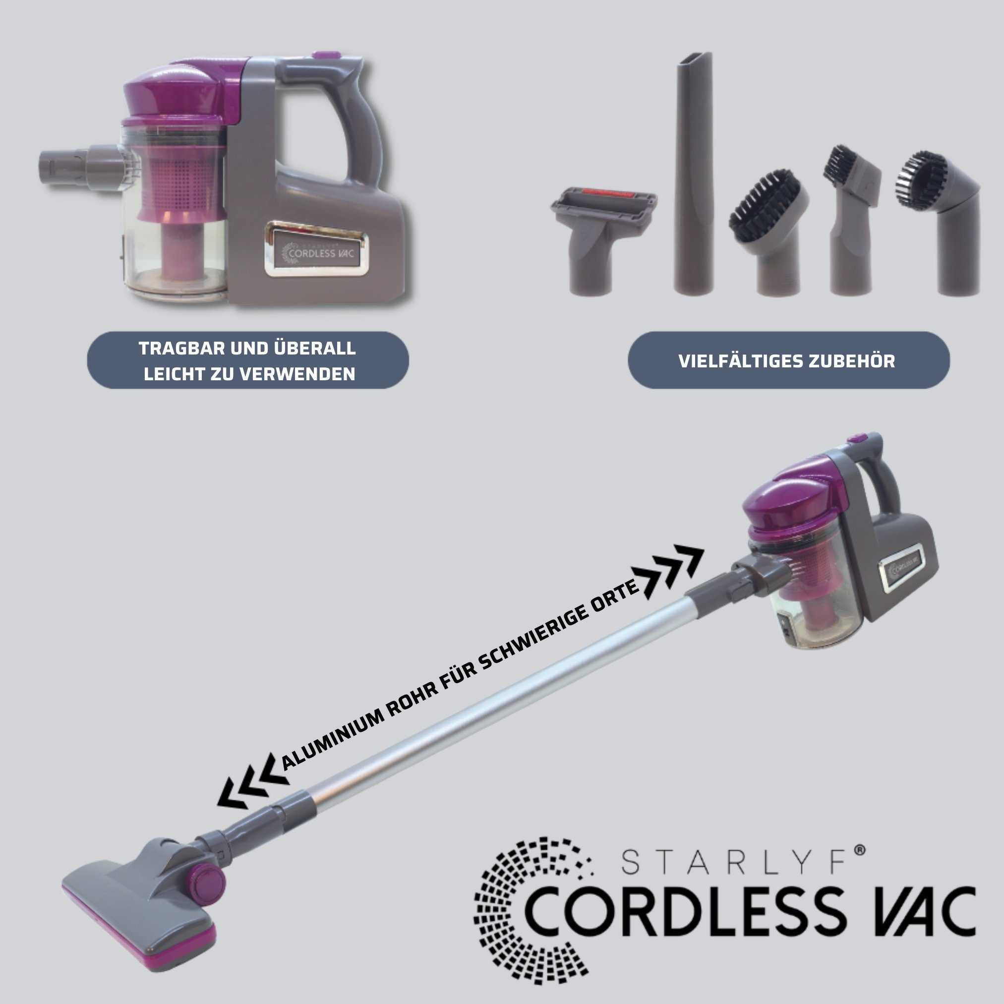 Starlyf Akku-Hand-und Stielstaubsauger Cordless Vac, 140,00 W, beutellos, ohne Beutel, 30.000 U/min., 22 Volt Lithium Ionen Akku mit Saugrohr