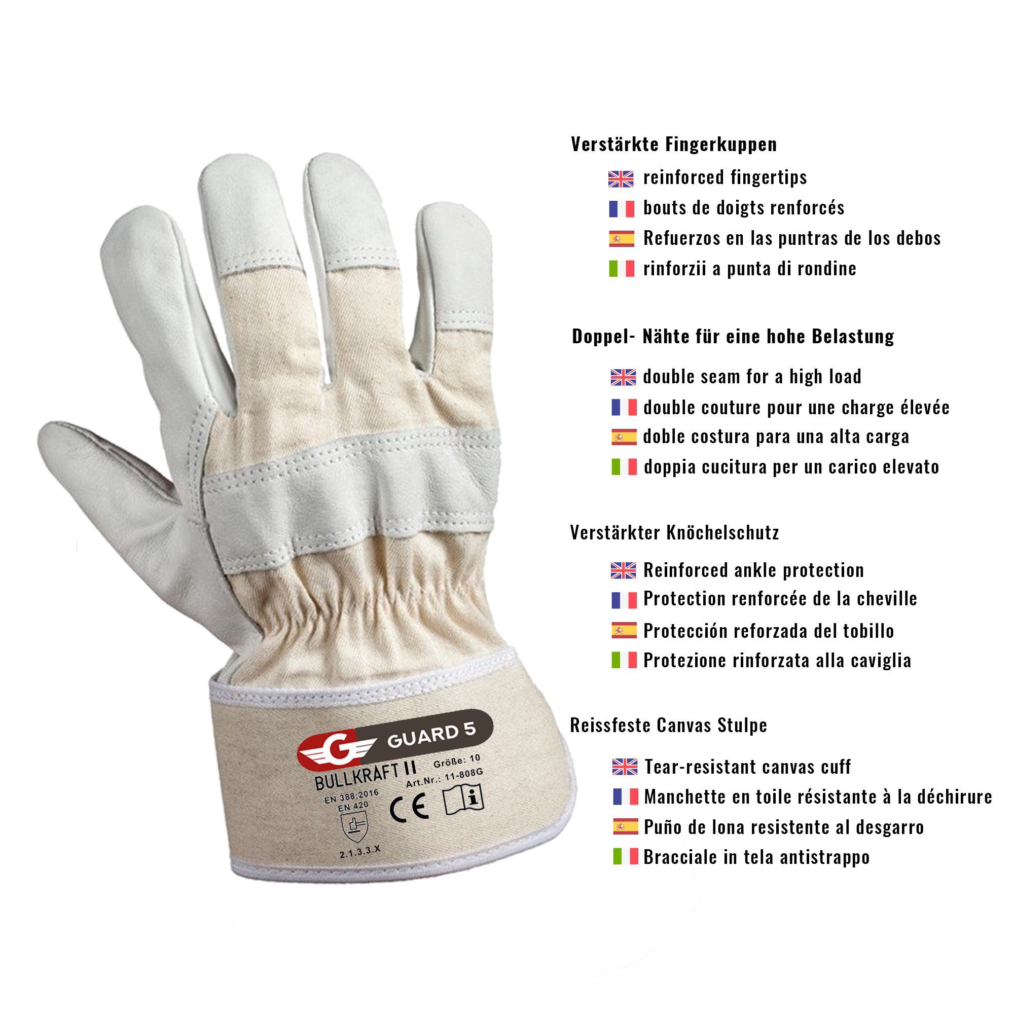 GUARD 5 Leder-Arbeitshandschuhe 3-12 Paar Vollleder Bau und Gartenhandschuhe BULLKRAFT II (Art.11808G) (12-St) beste Qualität mit einer Materialstärke von ca: 1 – Bild 2 von 5