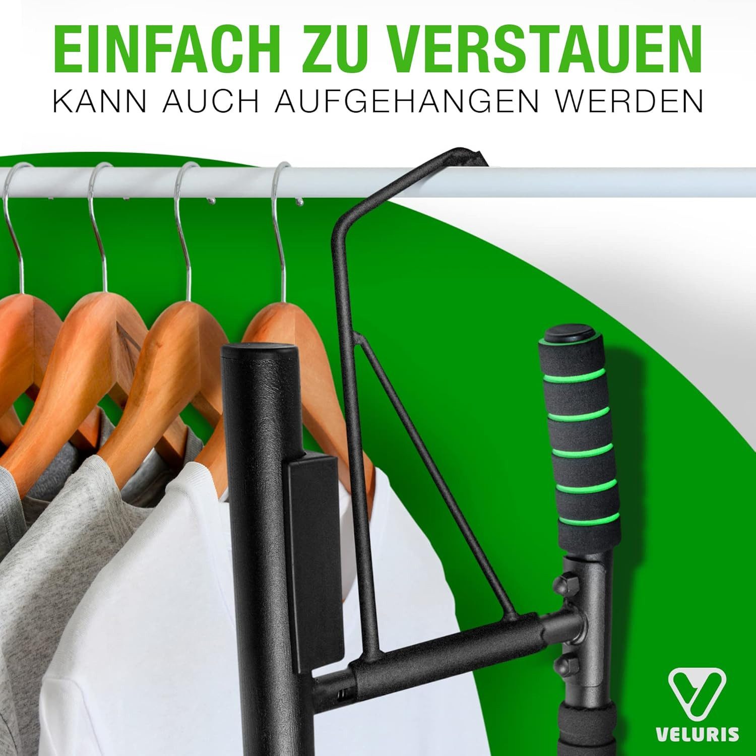 Veluris Klimmzugstange Türrahmen - ohne Bohren, bis 200 kg, 20 cm mehr Freiraum, abgerundet, Klappbar, rutschfeste Schaumgriffe, für Klimmzüge, Dips & Push-ups – Bild 5 von 5