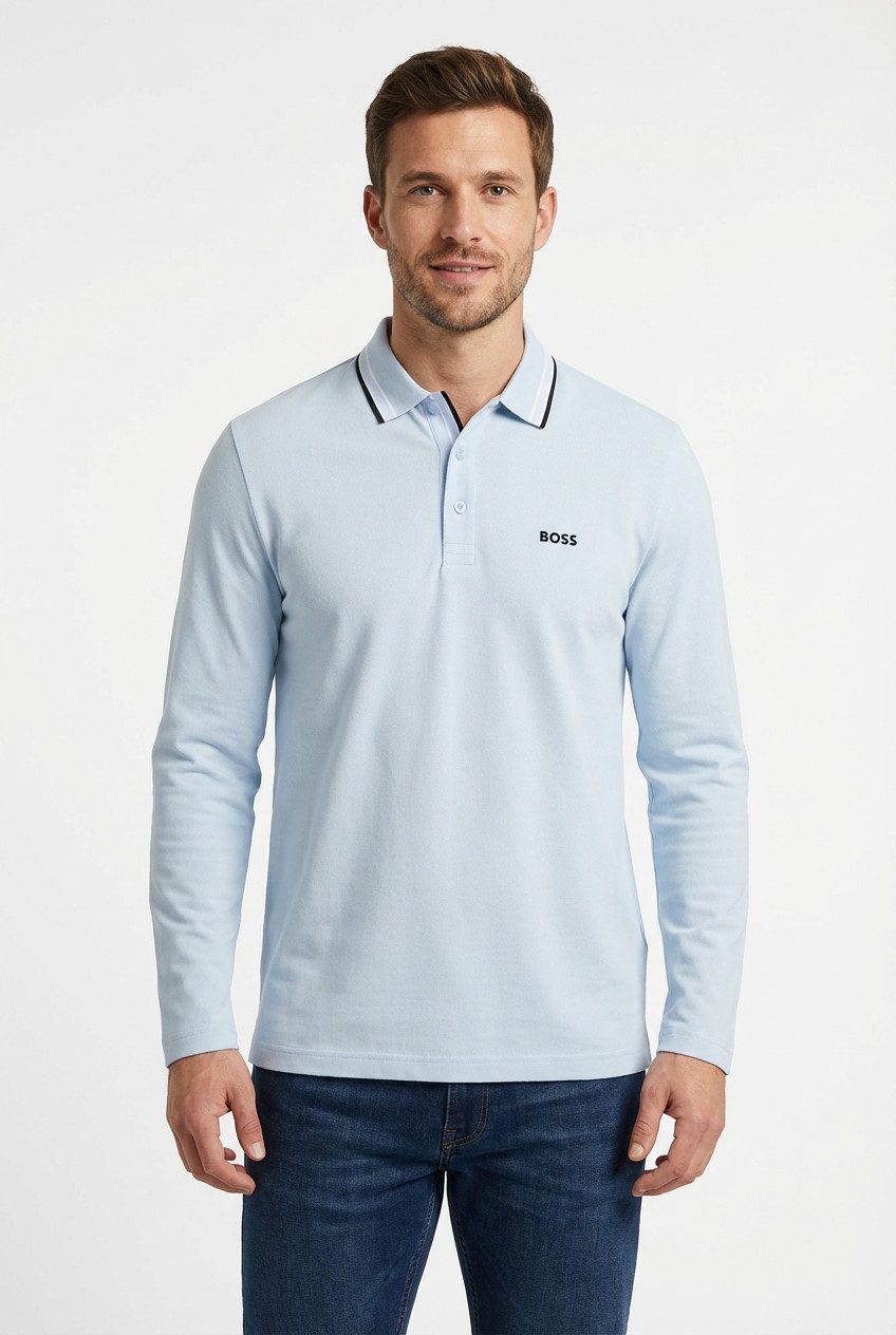 BOSS GREEN Langarm-Poloshirt Plisy mit Streifen am Kragen günstig online kaufen