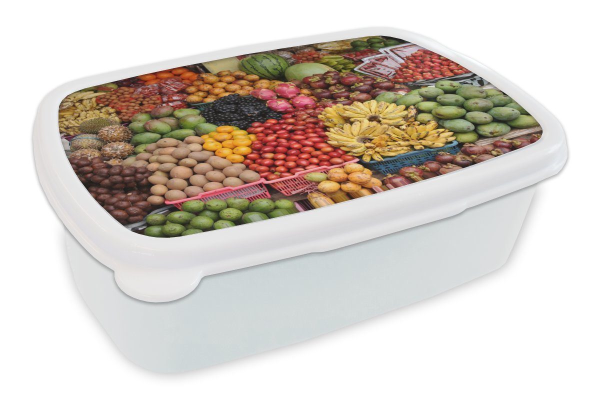 MuchoWow Lunchbox Obst - Kiste - Tropisch - Indonesien, Kunststoff, (2-tlg), Brotbox für Kinder und Erwachsene, Brotdose, für Jungs und Mädchen weiß