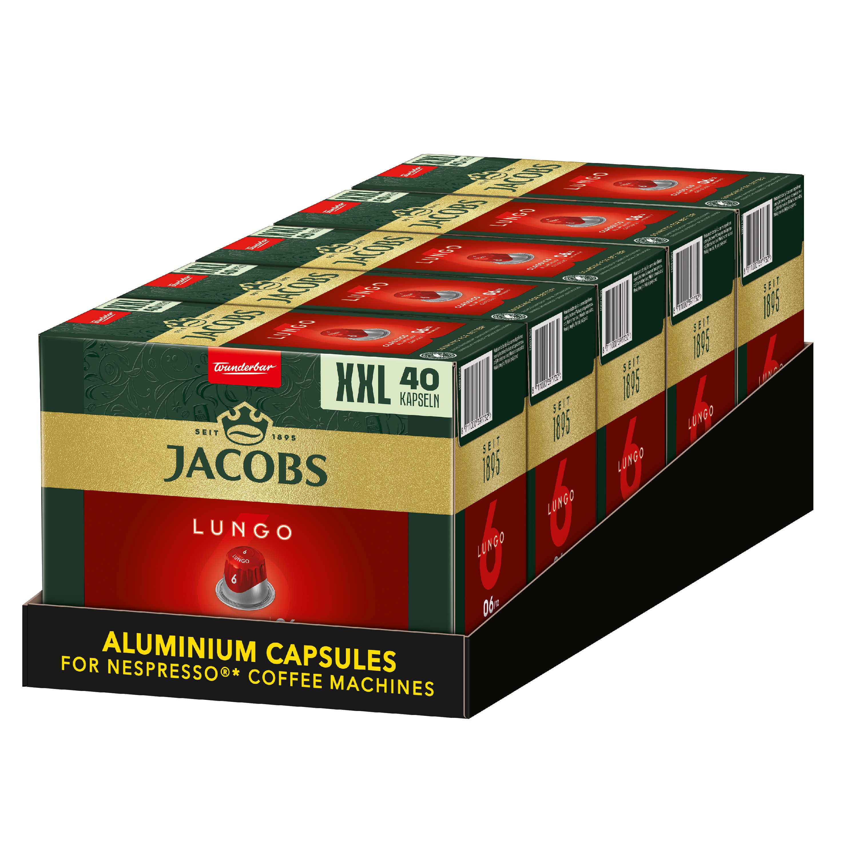 JACOBS Kaffee Kapseln Lungo 6 Classico 200 Stück XXL-Pack Nespresso®* kompatibel, (Packung, 5er Pack), Gratis: 2x18 Kapseln JACBOS Origins 9 Colombia