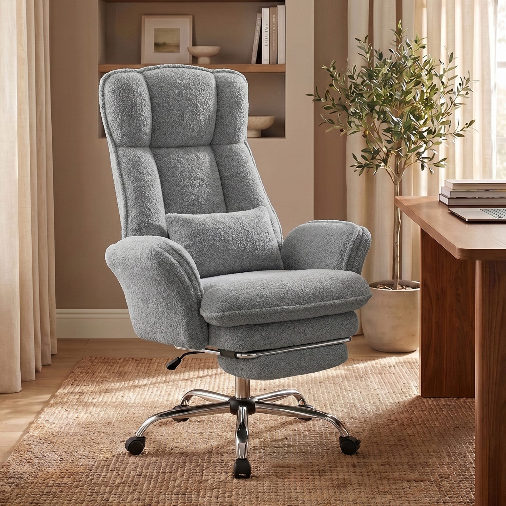 HawthyHome Bürostuhl mit Fußstütze & Klappbaren Armlehnen, 135° Teddy-Fleece, Ergonomischer (1 St), 360° leichtgängige Rollen, mit ausziehbarer Fußstütze für Pausen