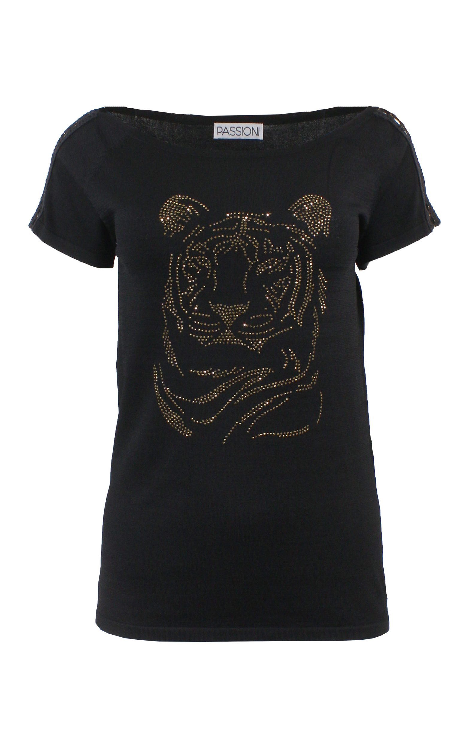 Passioni Sweater Schwarzes Sommer Strick Pullover mit Strass-Tigermotiv günstig online kaufen