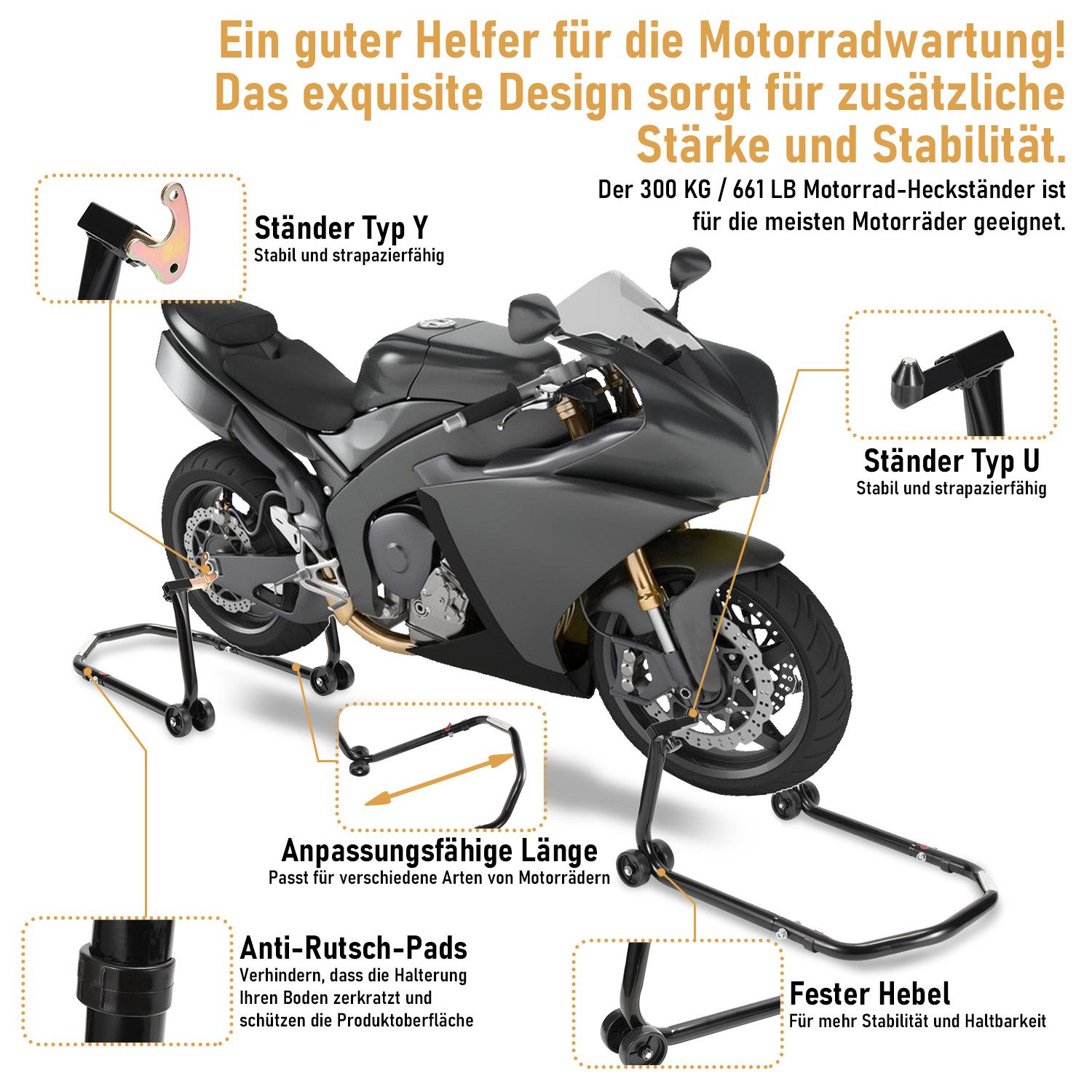 Clanmacy Motorrad-Hauptständer Motorradständer einstellbare Motorradwippe für Hinterrad, Vorderradklemme Motorrad Wippe Radwippe Motorradwippe – Bild 5 von 5