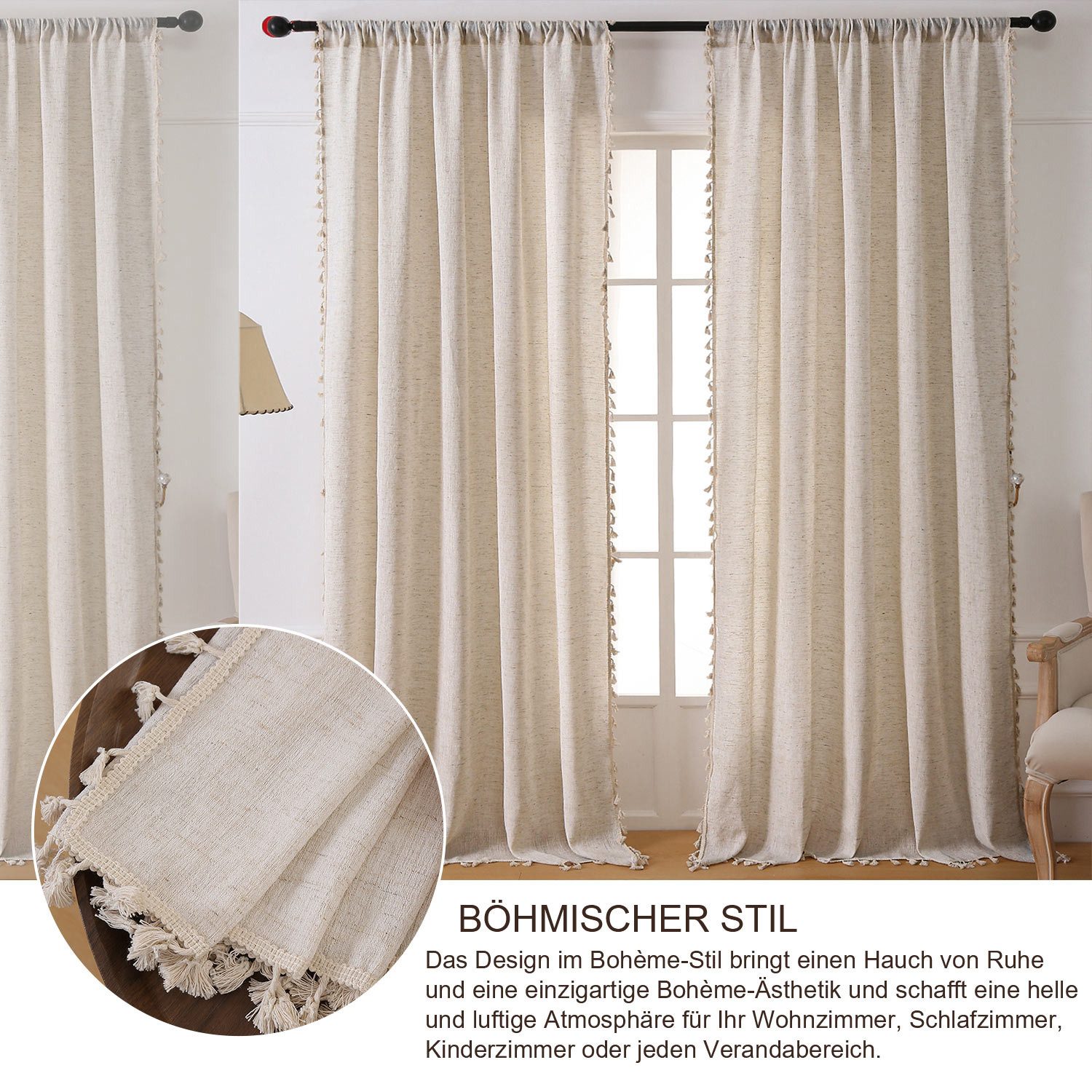 Refttenw Gardine 2Stk Leinen Vorhänge Boho Ösenschal mit Bommeln Landhausst günstig online kaufen