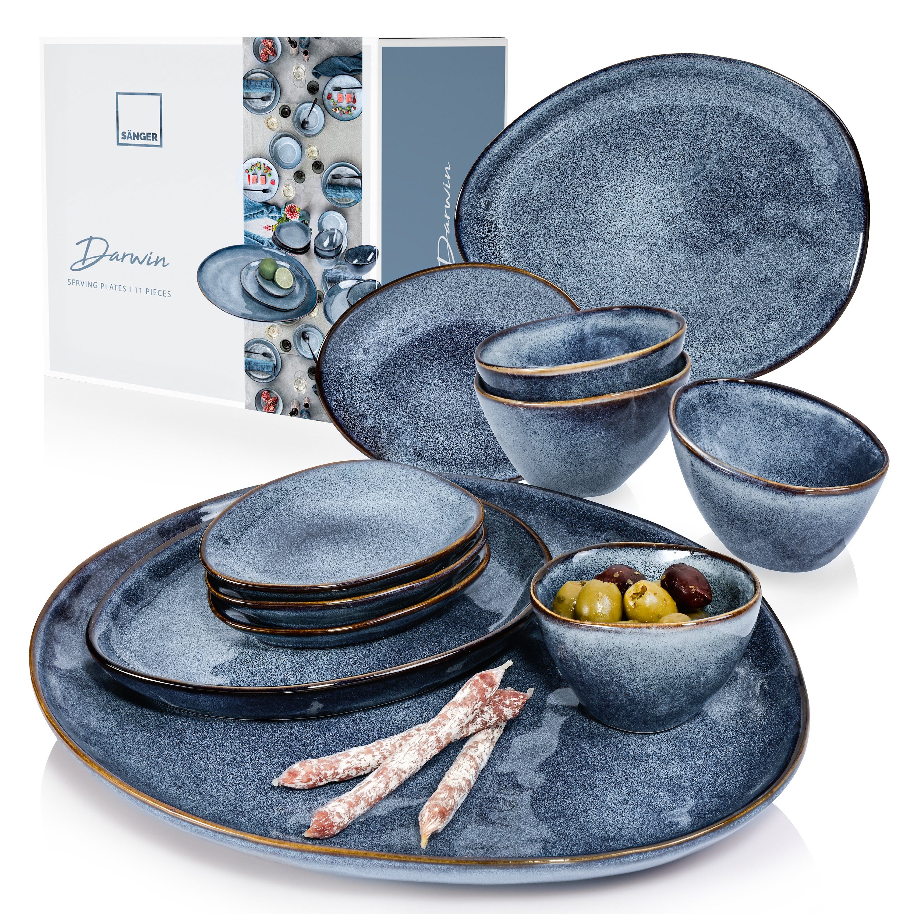 SÄNGER Servier-Set Darwin Servierplatten, Steingut, (Set, 11-tlg., 1x Servierplatte, 2x Dessertteller, 4x Dipschale, 4x Unterteller), Blau, Handmade, Premium Collection