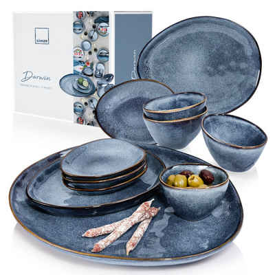 SÄNGER Servier-Set Darwin Servierplatten, Steingut, (Set, 11-tlg., 1x Servierplatte, 2x Dessertteller, 4x Dipschale, 4x Unterteller), Blau, Handmade