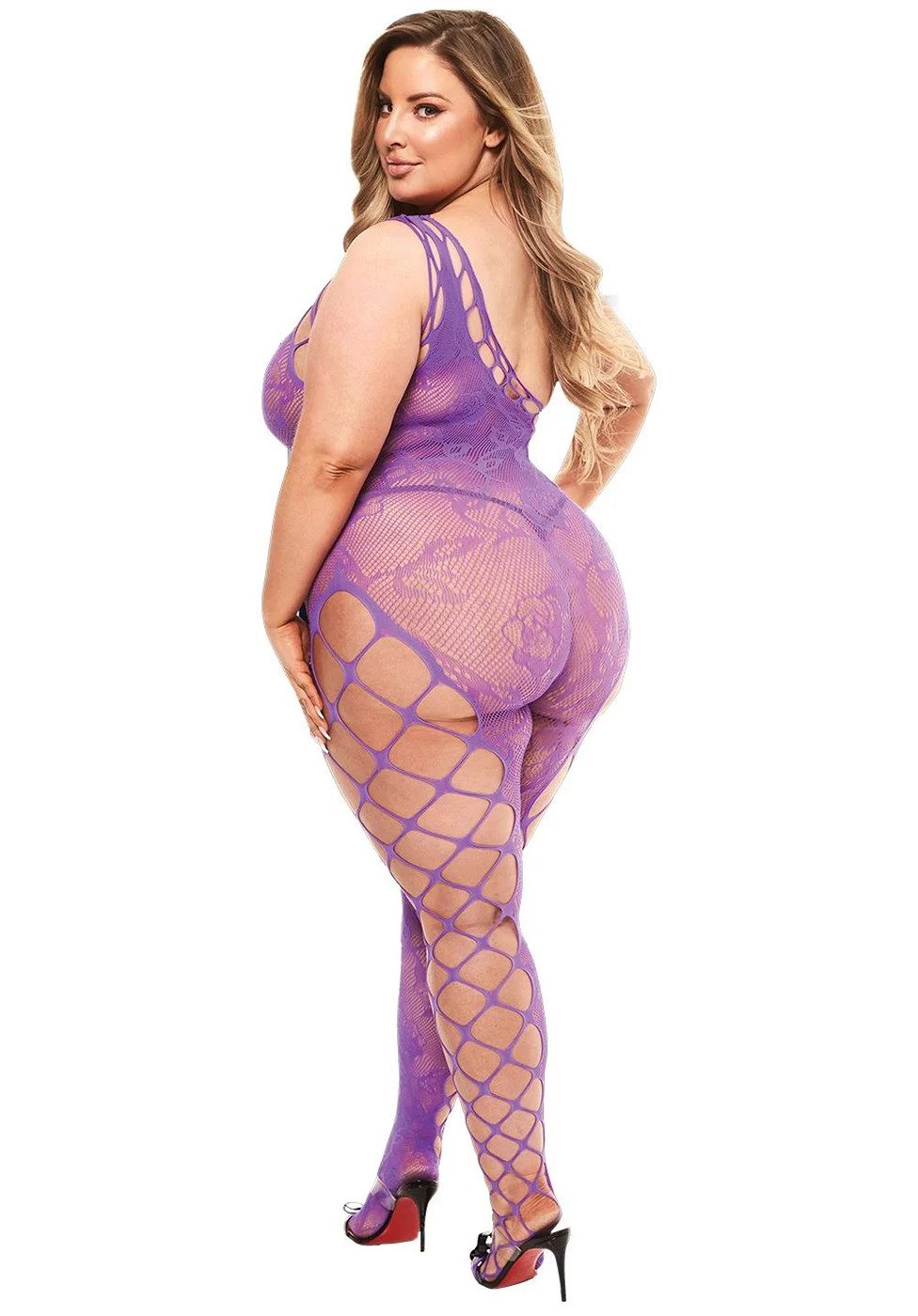Baci Lingerie Bodystocking Bodystocking mit floralem Muster Plus Size und grobem Netz - lila (1 St) Seitliche Netzeinsätze für verspielten Look