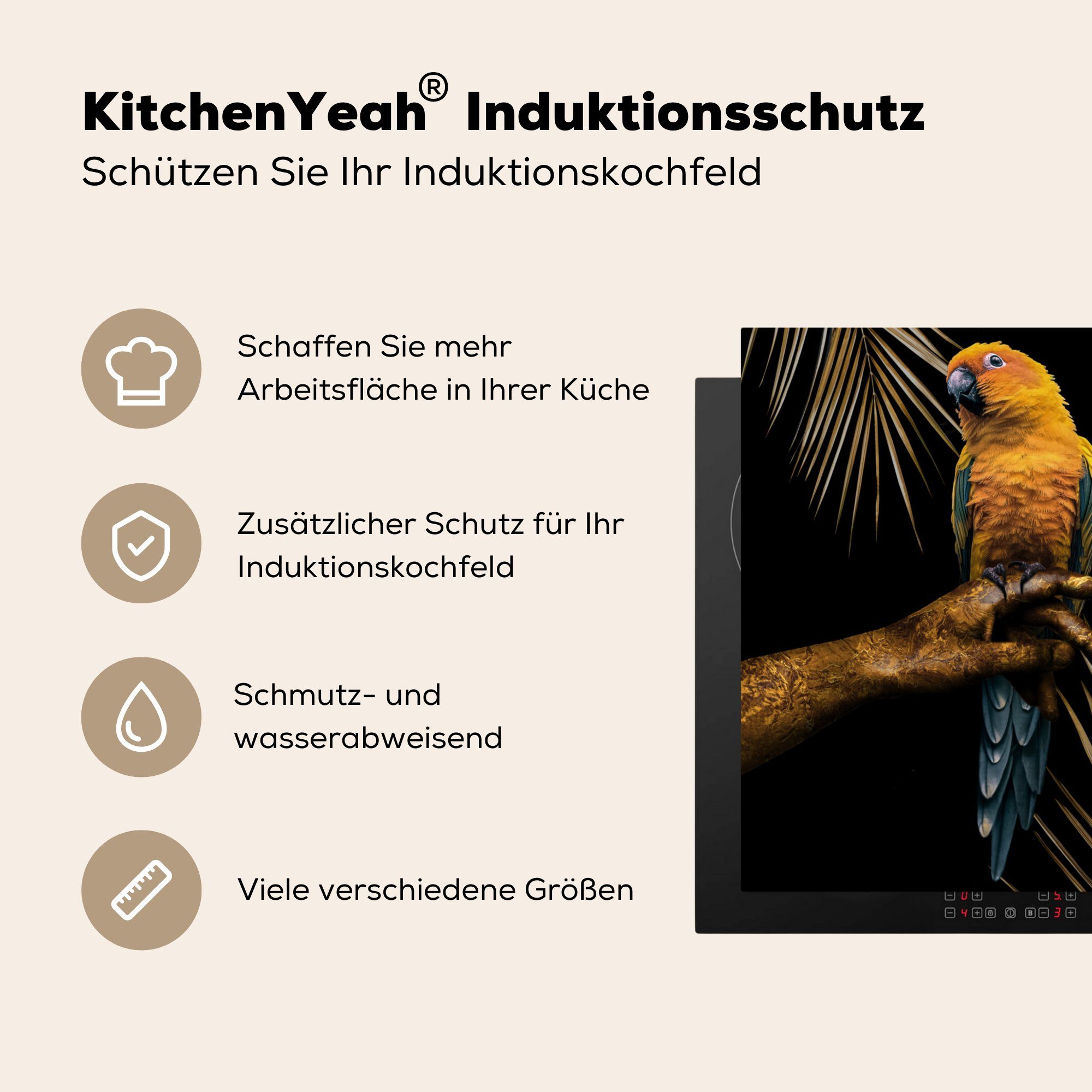 - - Hand für - Arbeitsplatte 78x78 Vogel tlg), Gold, cm, (1 Papagei Ceranfeldabdeckung, küche Vinyl, MuchoWow Herdblende-/Abdeckplatte