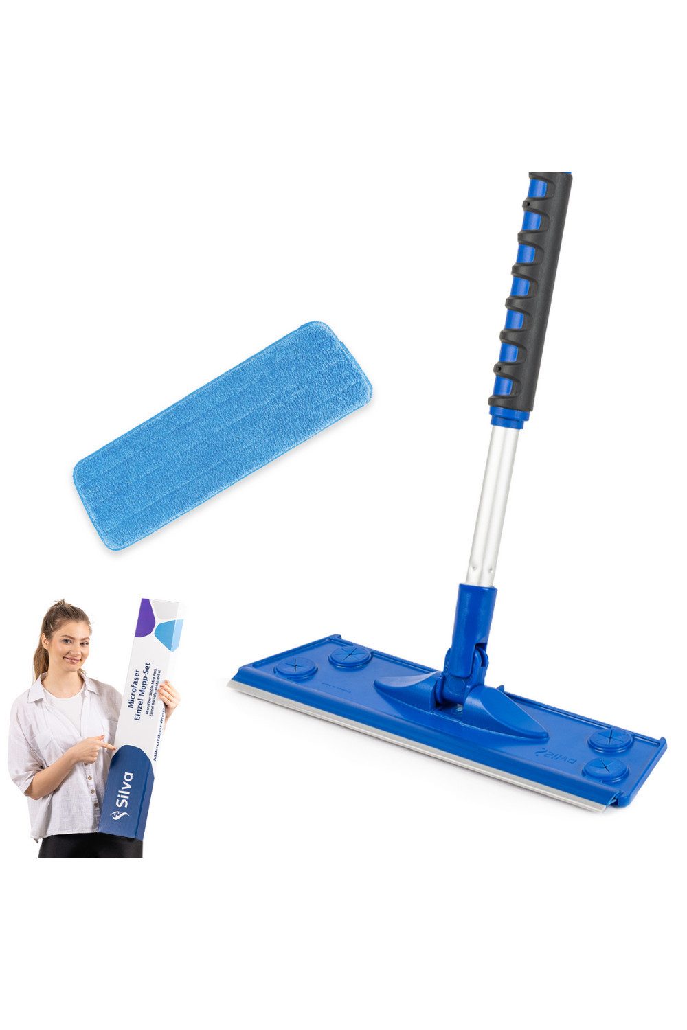 Silva EU Wischmopp, Wasserbehälter, Staubbehälter, Freihändiges Auswringsystem, Ersatzbezüge inklusive, 3-in-1 Set