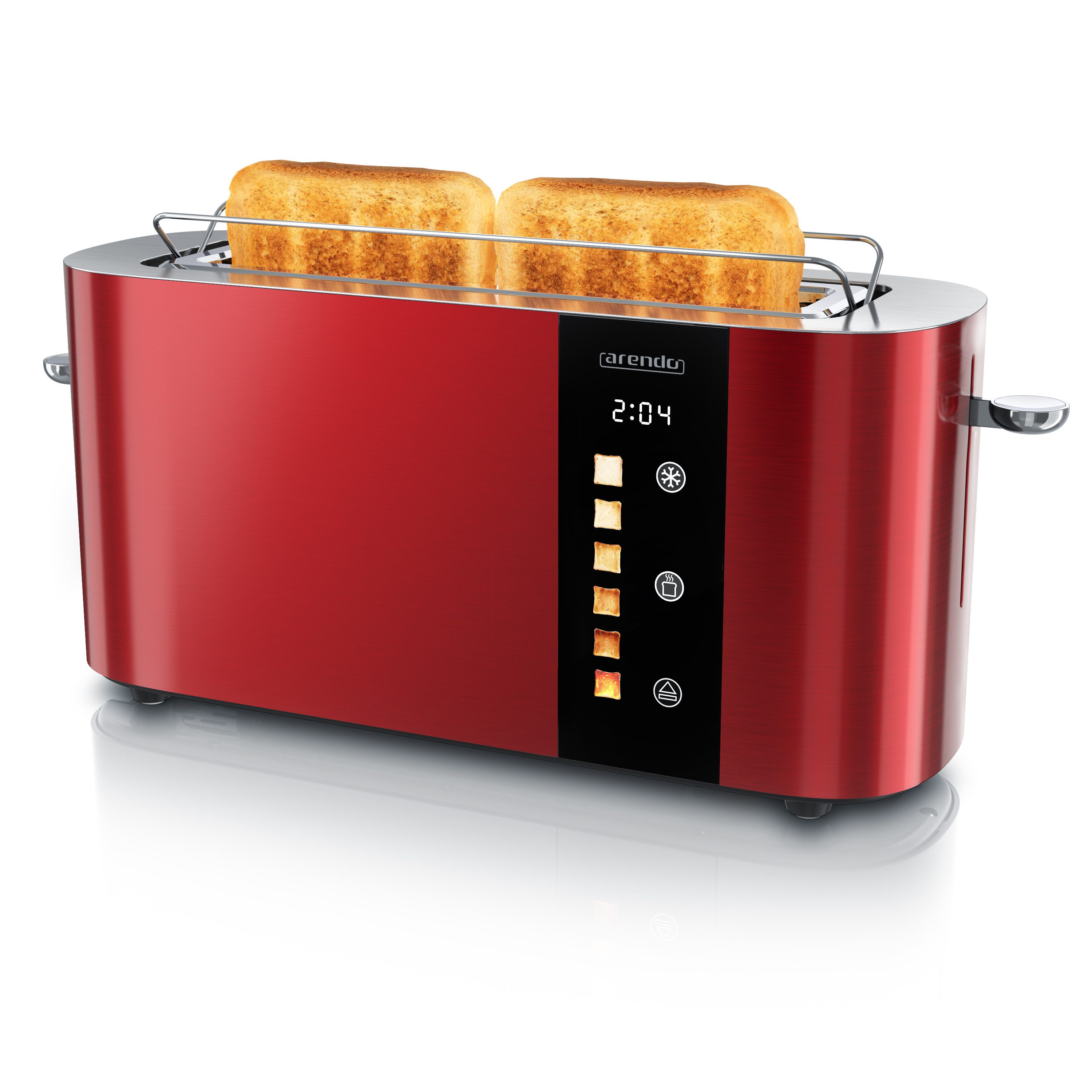 Arendo Toaster 2-Scheiben Edelstahl Langschlitz, Touch, Restzeit Bräunungsgradanzeige, 1 langer Schlitz, für 2 Scheiben, 1000 W, Brötchenaufsatz, Wärmeisoliert, Toast-Symbole für Bräunungsgradauswahl