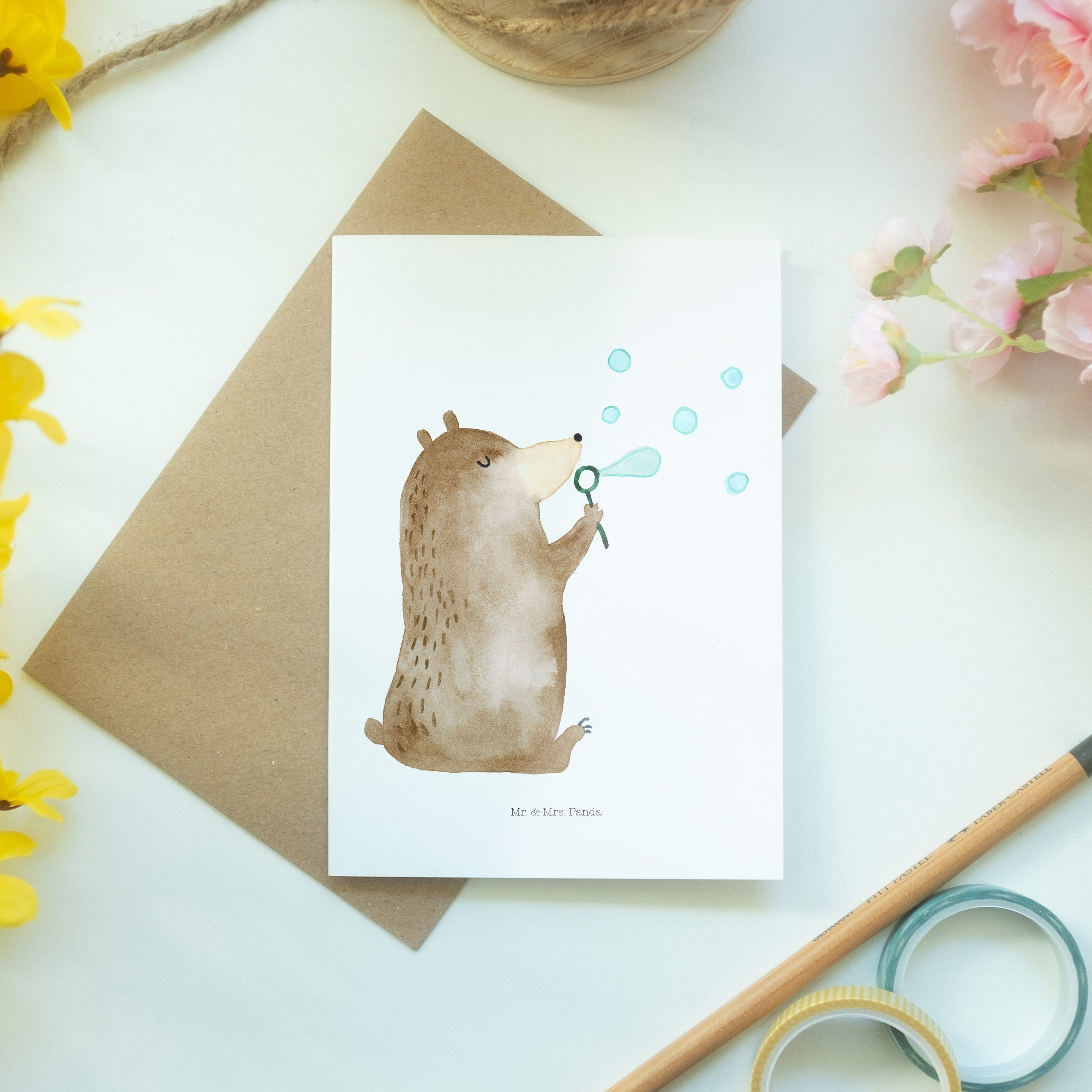 Mr. & Mrs. Panda Grußkarte - Teddybär, Seifenblasen Bär Karte Geschenk, Weiß Geburtstagskarte, 