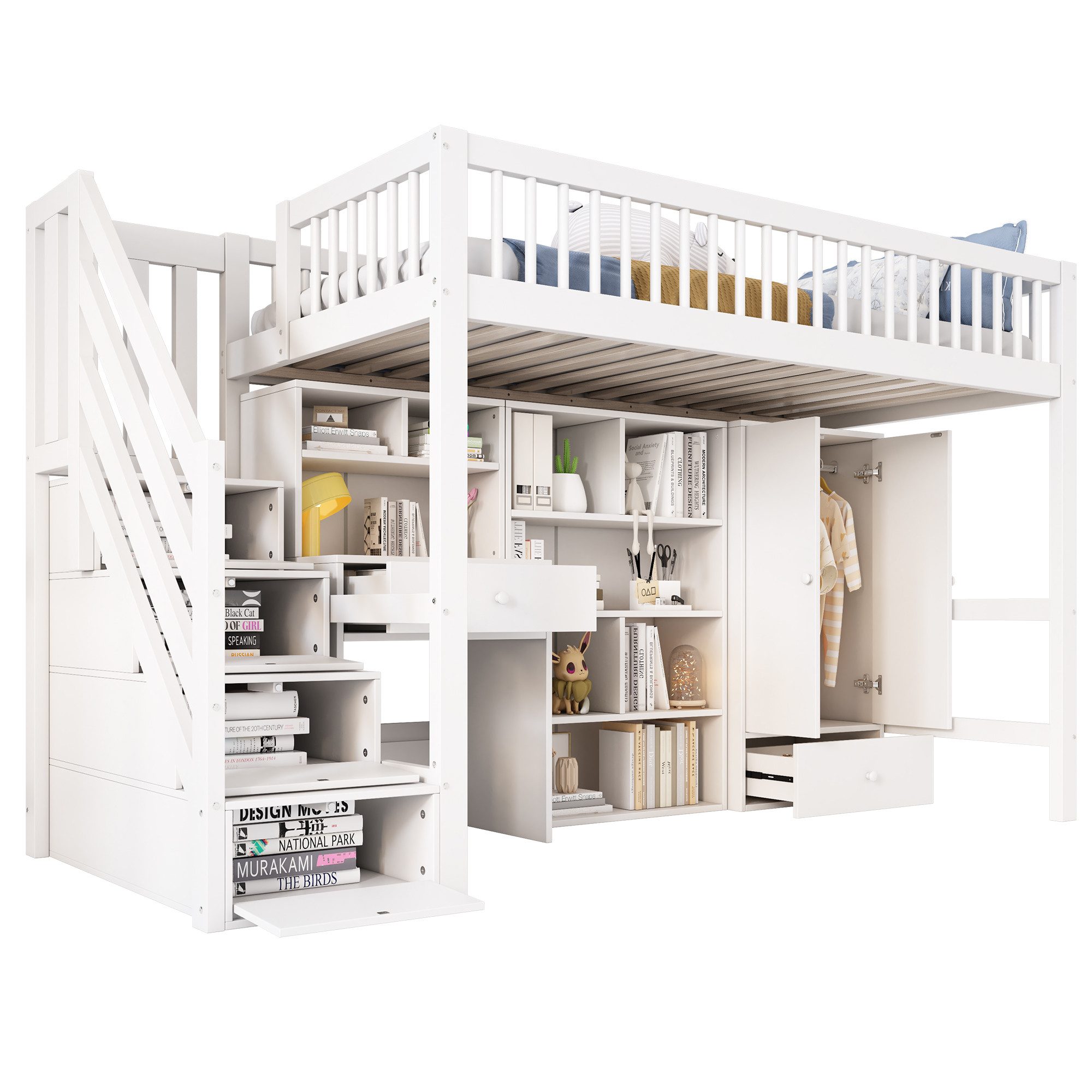 OKWISH Etagenbett Jugendbett Kinderbett (ohne Matratze, 90*200), Mit Schreibtisch, Treppe, Schließfächern, Kleiderschrank