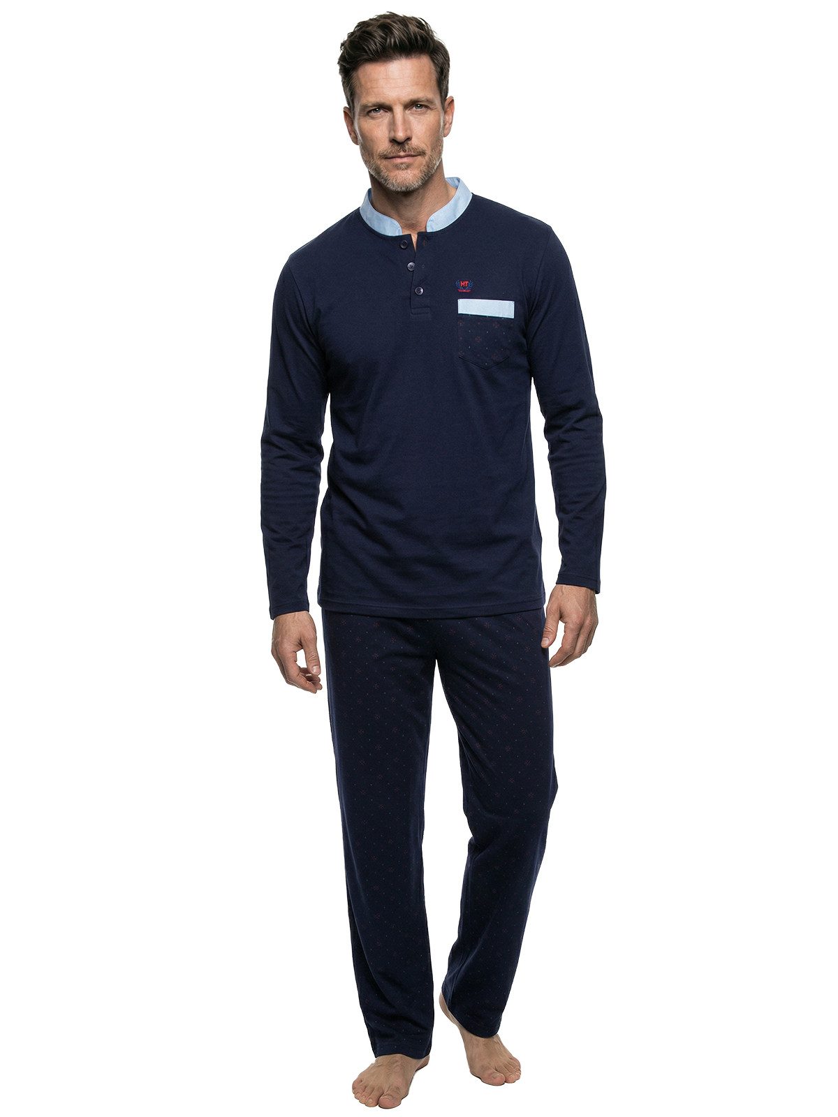 Henry Terre Pyjama Bruno Langarm- Stehkragen Shirt Uni gemusterte Hose Brusttasche – Bild 2 von 5