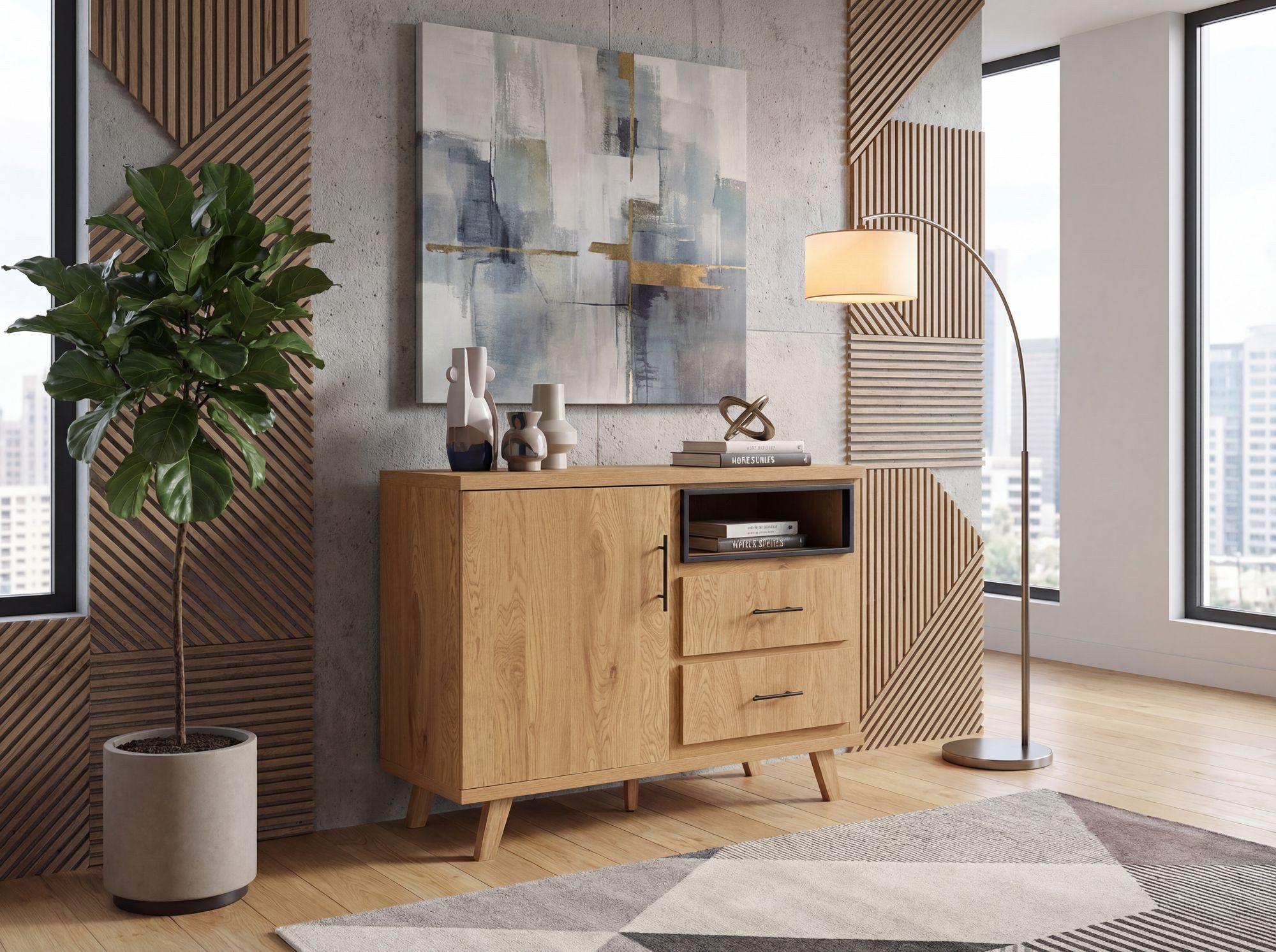 Wohnling Sideboard WL7.648 Kommode Eiche Dekor 116cm Standschrank Anrichte Flurschrank (Praktisches Flurmöbel mit zwei Schubladen), Heller Schrank mit einem offenen Fach