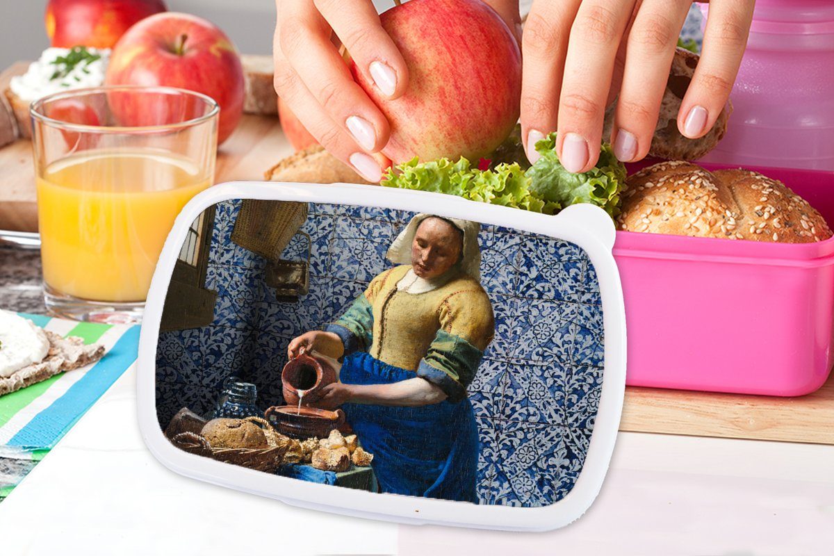 MuchoWow Lunchbox Milchmädchen Gemälde Blau Alte Brotbox - Kinder, Vermeer Meister, - Kunststoff, Kunststoff Mädchen, rosa - Snackbox, Delfter - Erwachsene, (2-tlg), Brotdose für