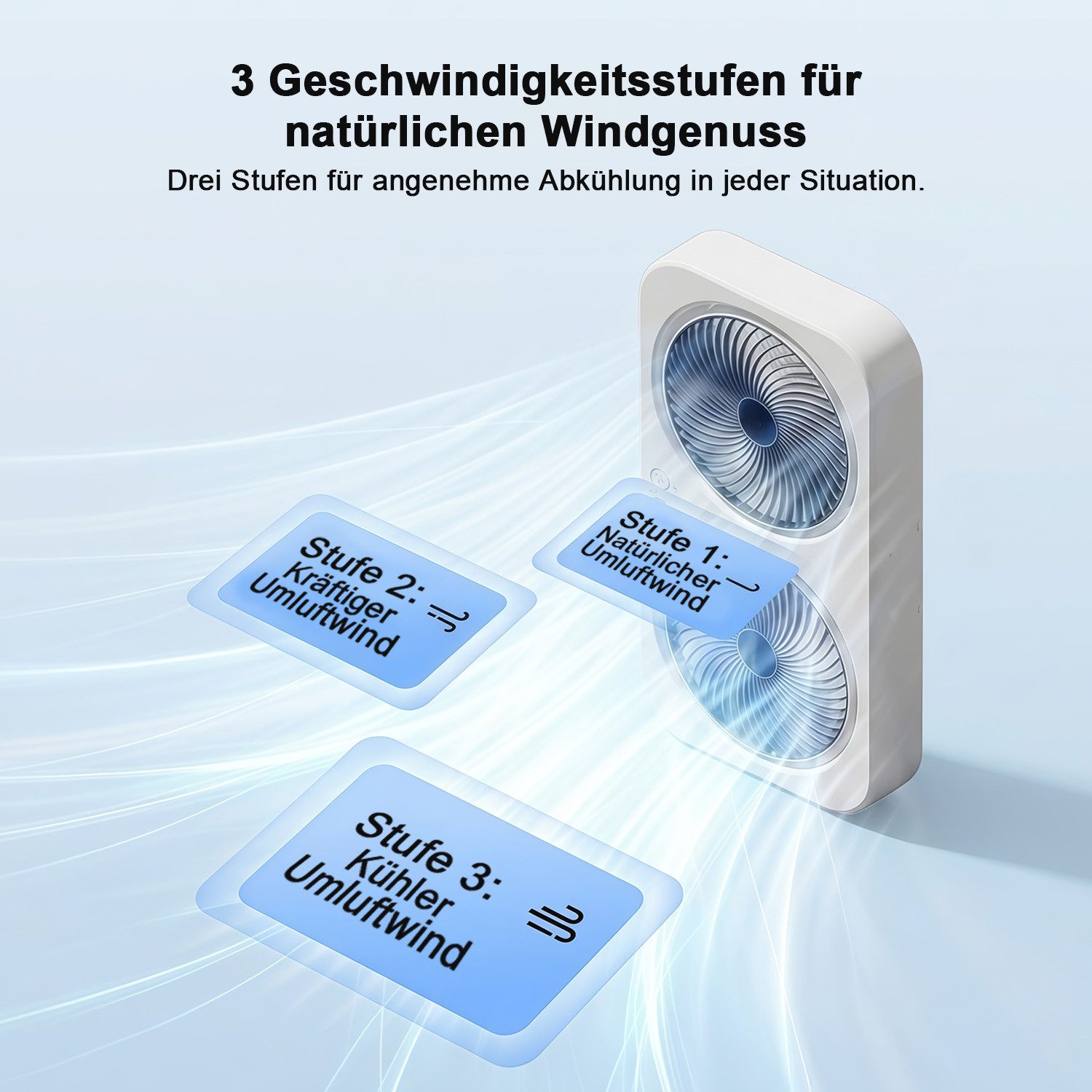 MOPUEA Standventilator 90° Drehbar Doppelkopf Ventilator Luftzirkulator USB Tischventilator, 3 Windstufen Mit Handyhalterung Stand- & Wandmontage Akku Leise – Bild 4 von 5