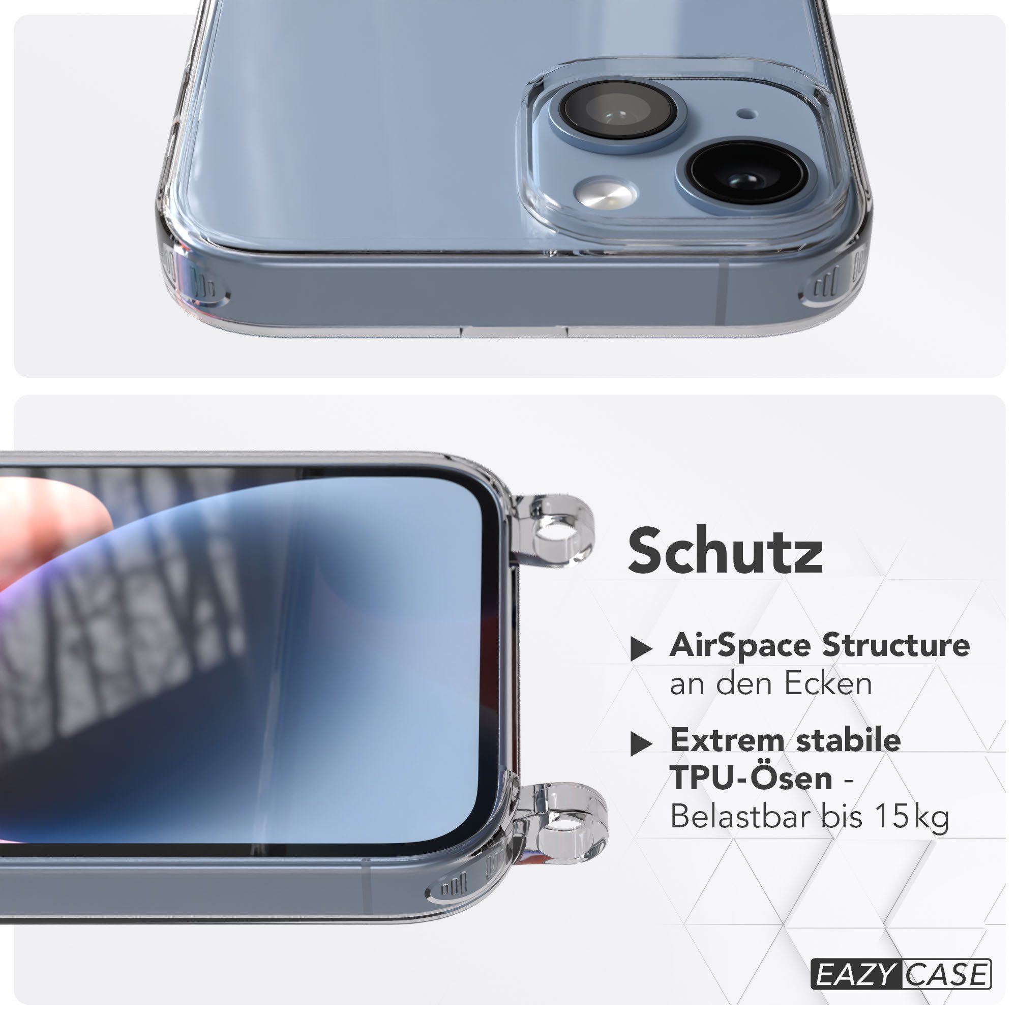 EAZY CASE Handykette Handyhülle für Handyketten mit Befestigungsösen für iPhone Modelle 6,1 Zoll, Hülle für Handykette, Transparent mit Ösen für Apple iPhone 14