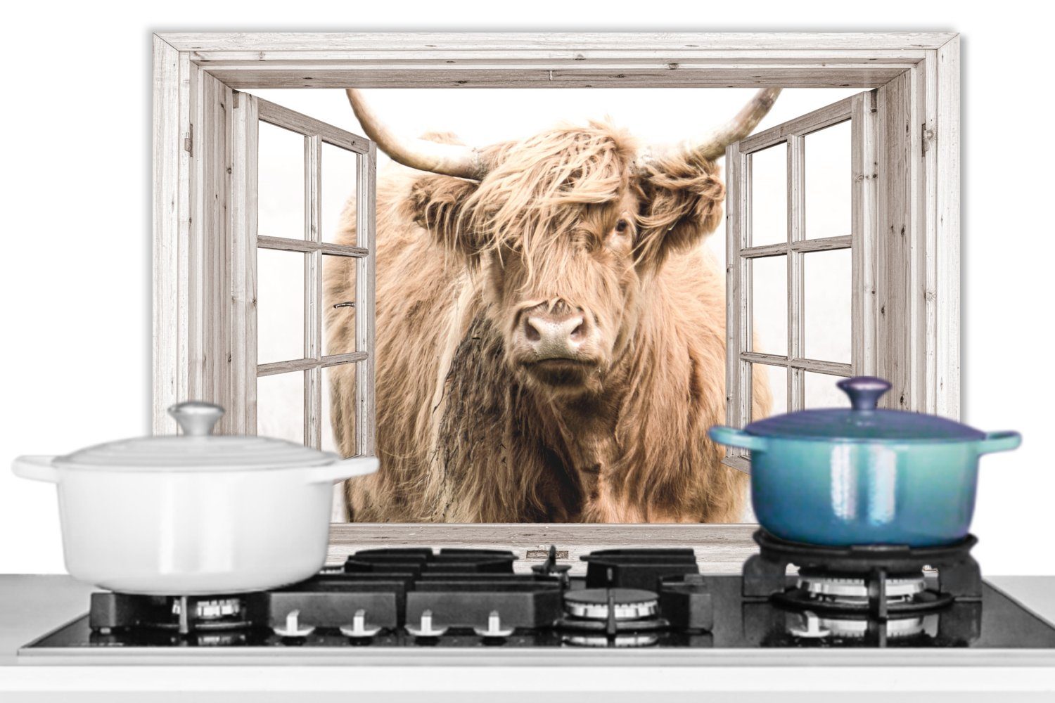 Wandschutz, Schottischer aus cm, Fenster (1-tlg), - Nebel Ausblick, Küchenrückwand MuchoWow Highlander Temperaturbeständig - küchen Herdblende 60x40 -