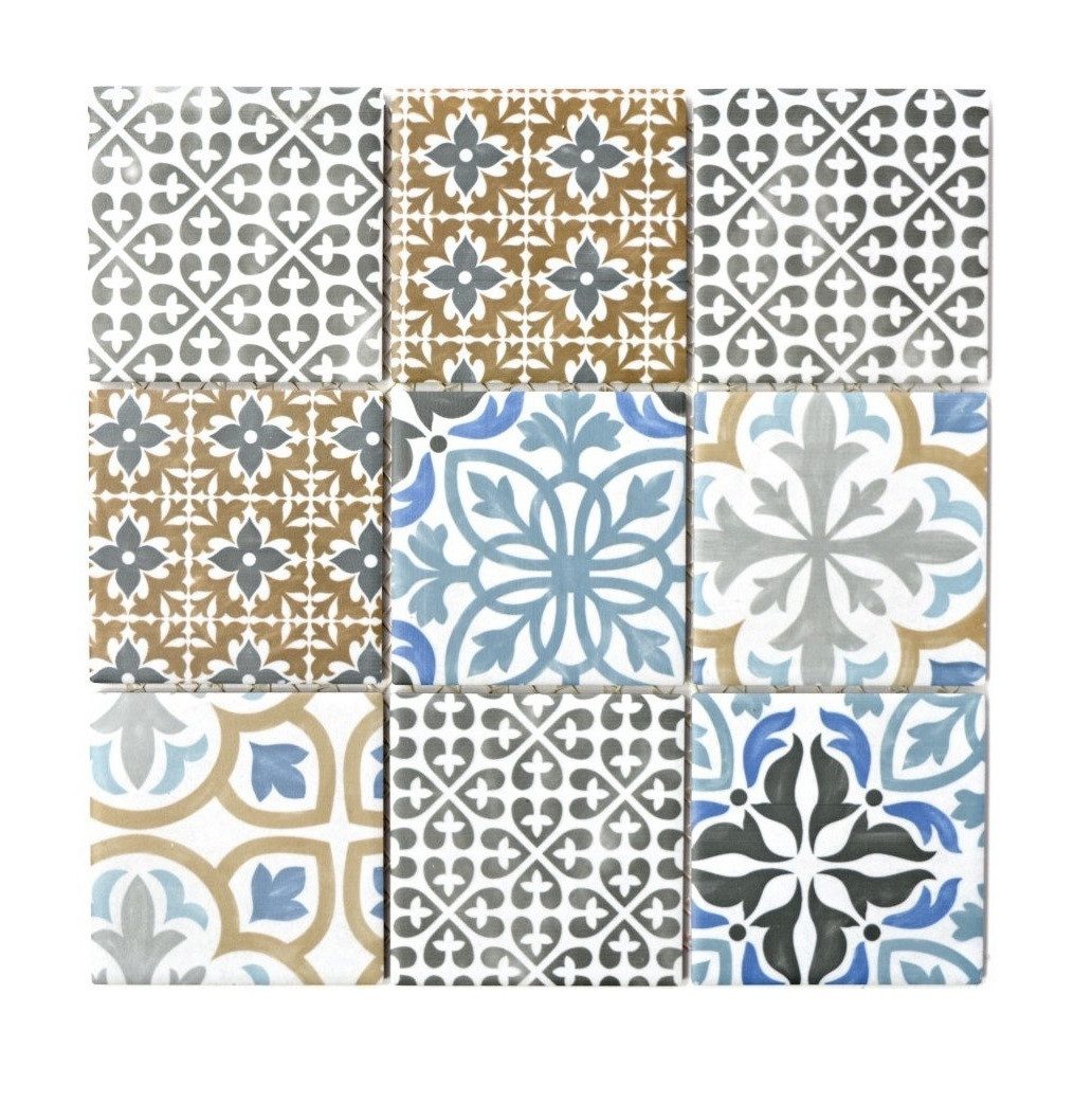 Mosani Mosaikfliesen Vintage Mosaik Fliese Wand Keramik creme blau orange grau matt