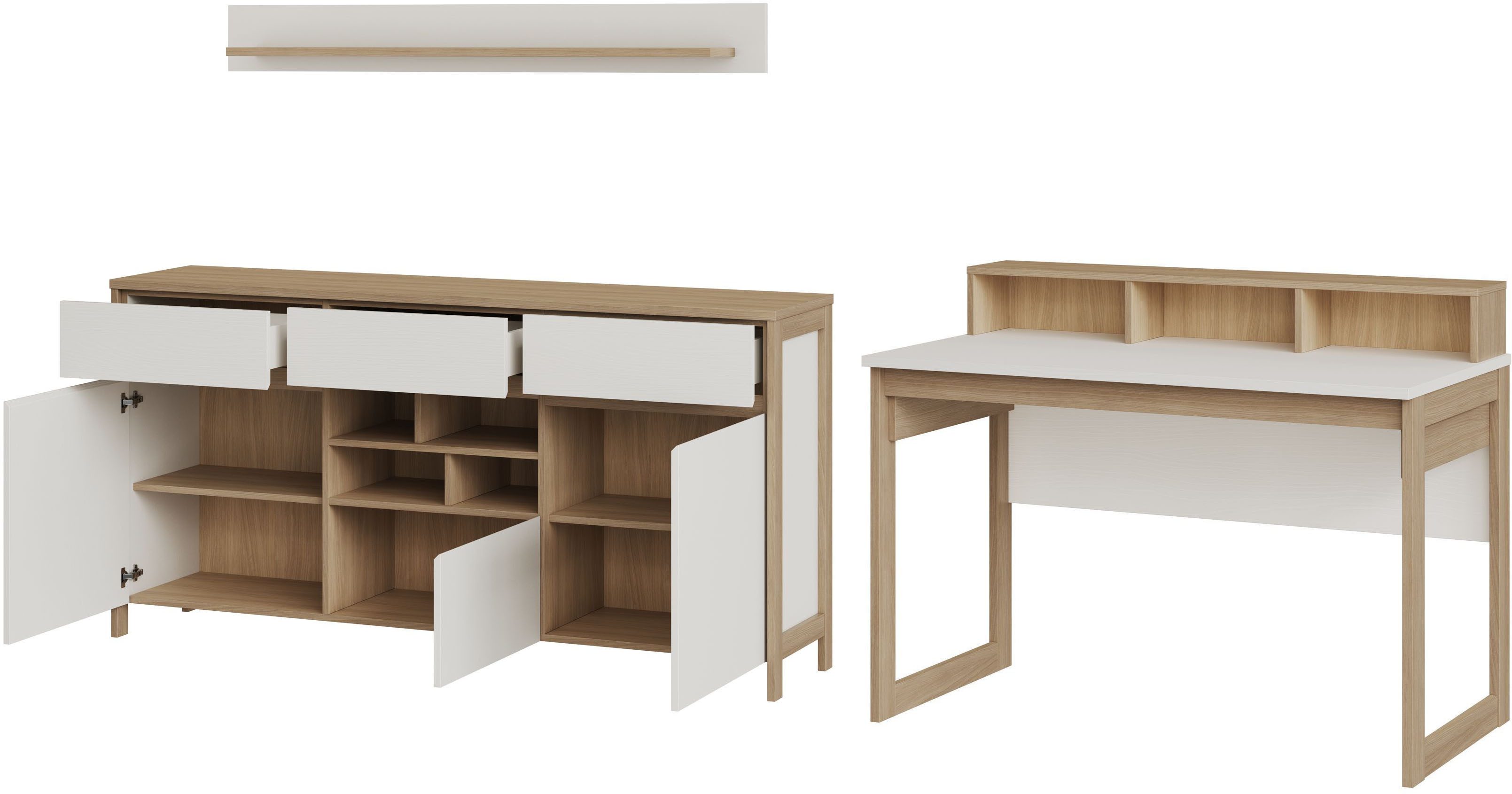Home affaire Büromöbel-Set Stranda im Scandi-Style, Home Office, Büro in zwei Farben verfügbar, (3-tlg), enthält Schreibtisch, Sideboard und Wandboard
