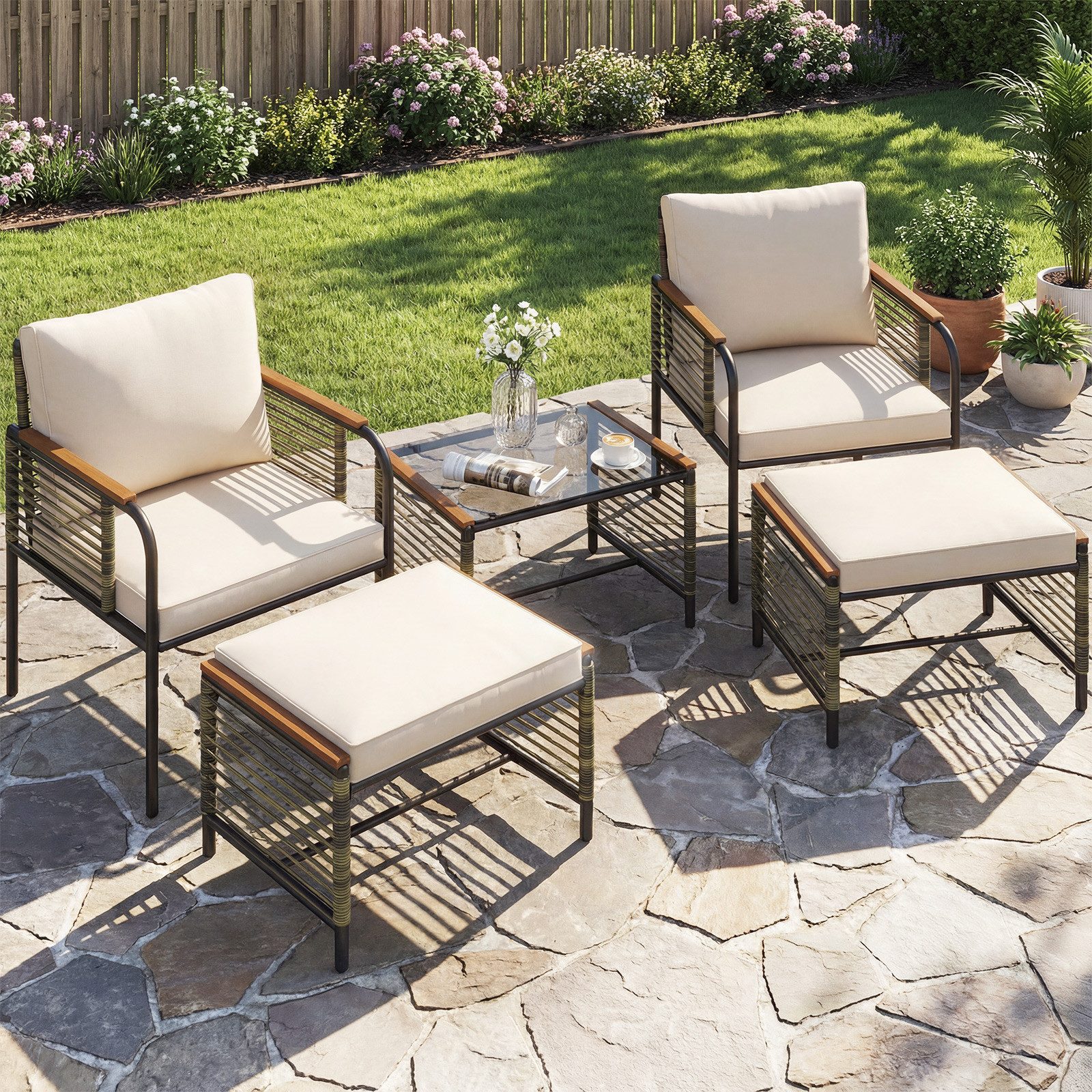 COSTWAY Gartenlounge-Set, (5-tlg), Gartenmöbel mit 2 Sessel, Ottomane, Tisch