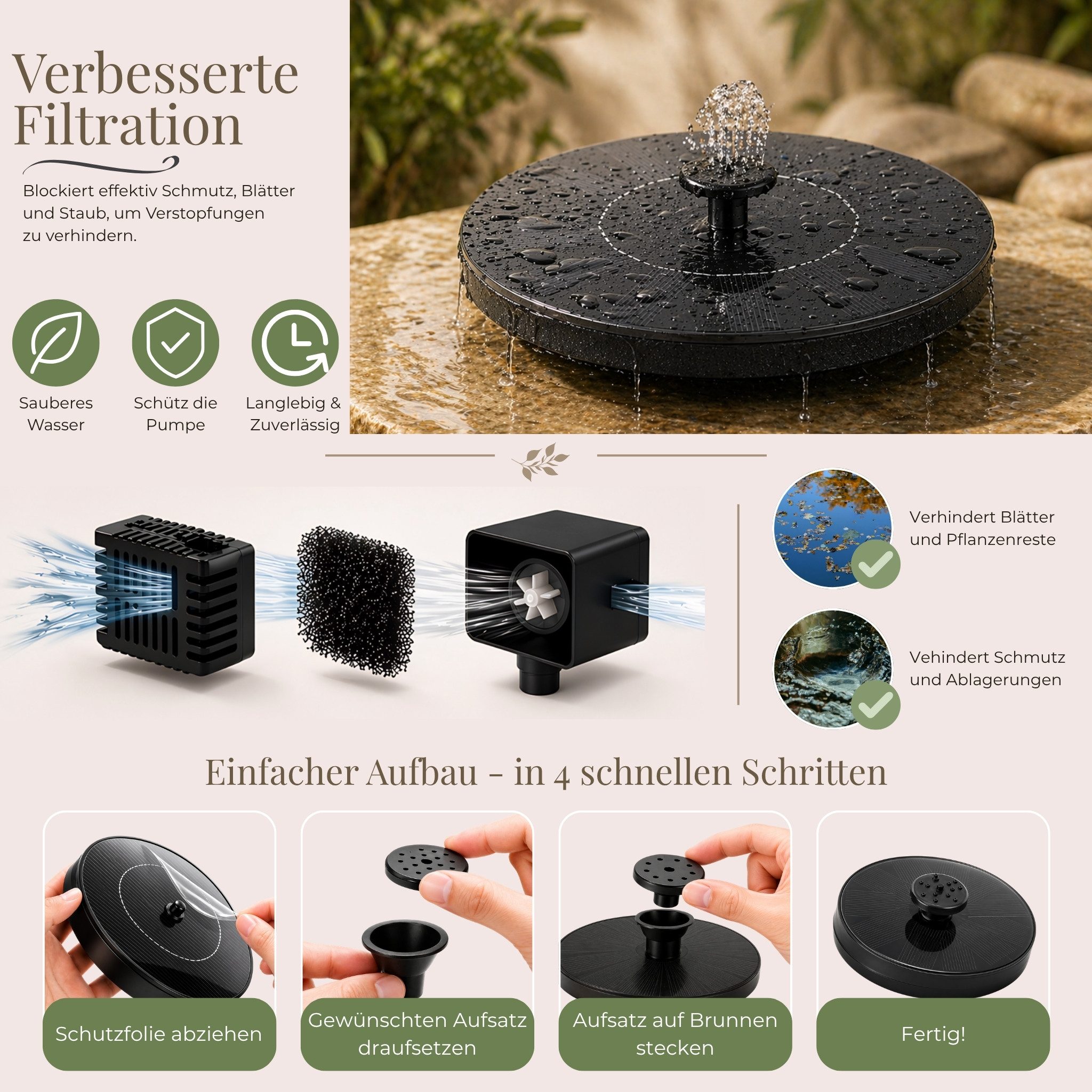 matches21 HOME & HOBBY Wasserspiel Solarbrunnen Wasser-Fontäne für draußen - 16 cm Wasserpumpe, (6 tlg), 16 cm Solar Wasserpumpe mit 5 Aufsätzen