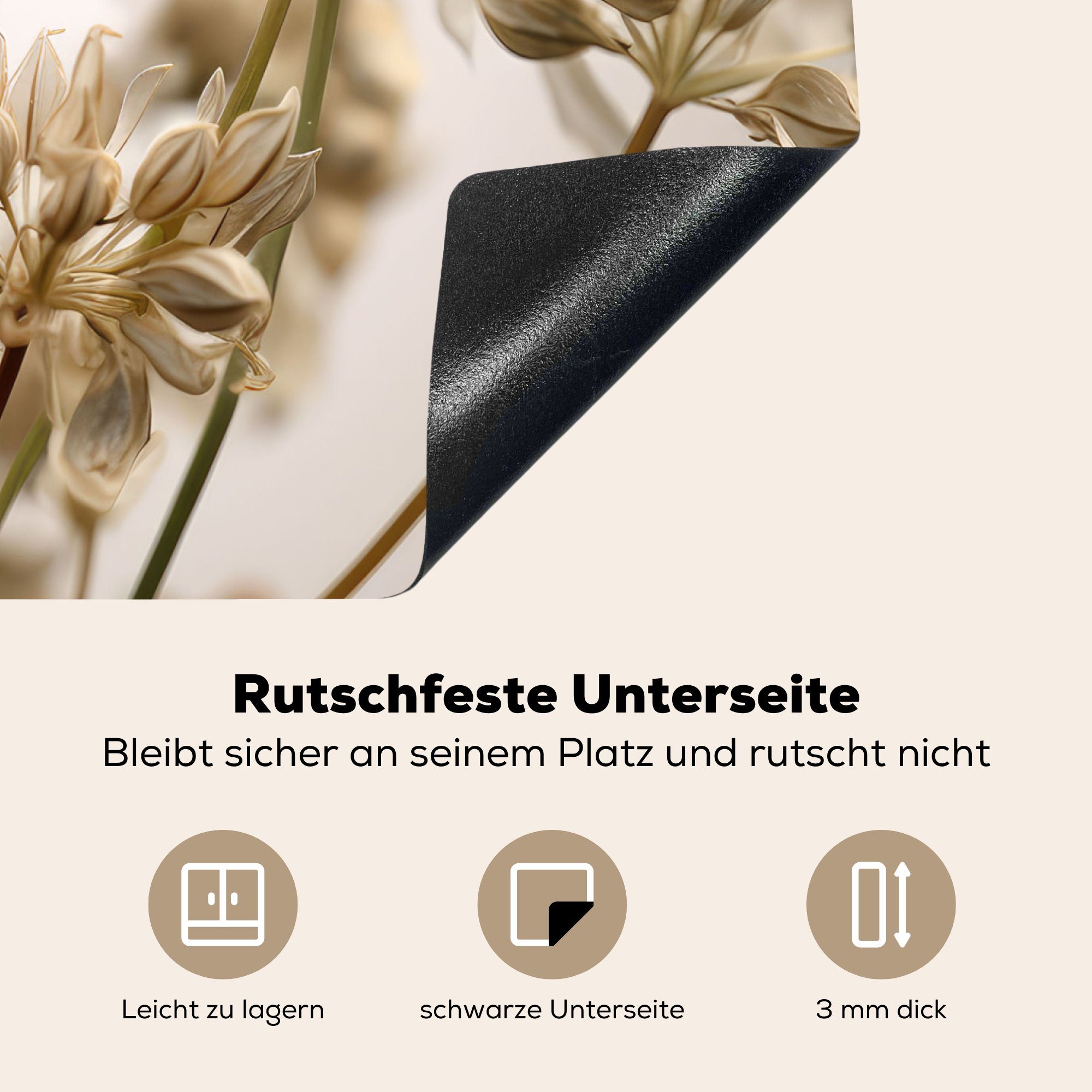 MuchoWow nutzbar, 60x52 Blumen Ceranfeldabdeckung - Mobile tlg), Beige Weiß Herdblende-/Abdeckplatte Pflanzen, Getrocknete Vinyl, - (1 - Arbeitsfläche cm,