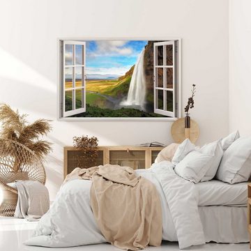 Sinus Art Leinwandbild Wandbild 120x80cm Fensterbild Wasserfall Island Natur Landschaft Grün, (1 St)