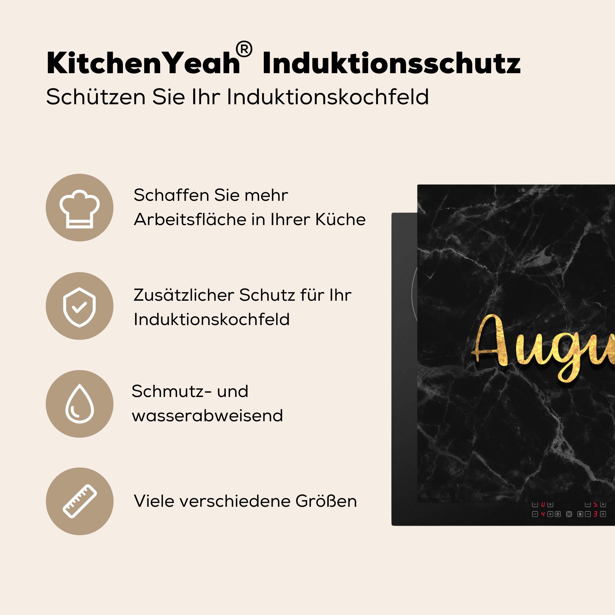 - (1 MuchoWow Vinyl, cm, küche - - August tlg), Kalender Ceranfeldabdeckung, 78x78 Marmor, Gold Arbeitsplatte Herdblende-/Abdeckplatte für