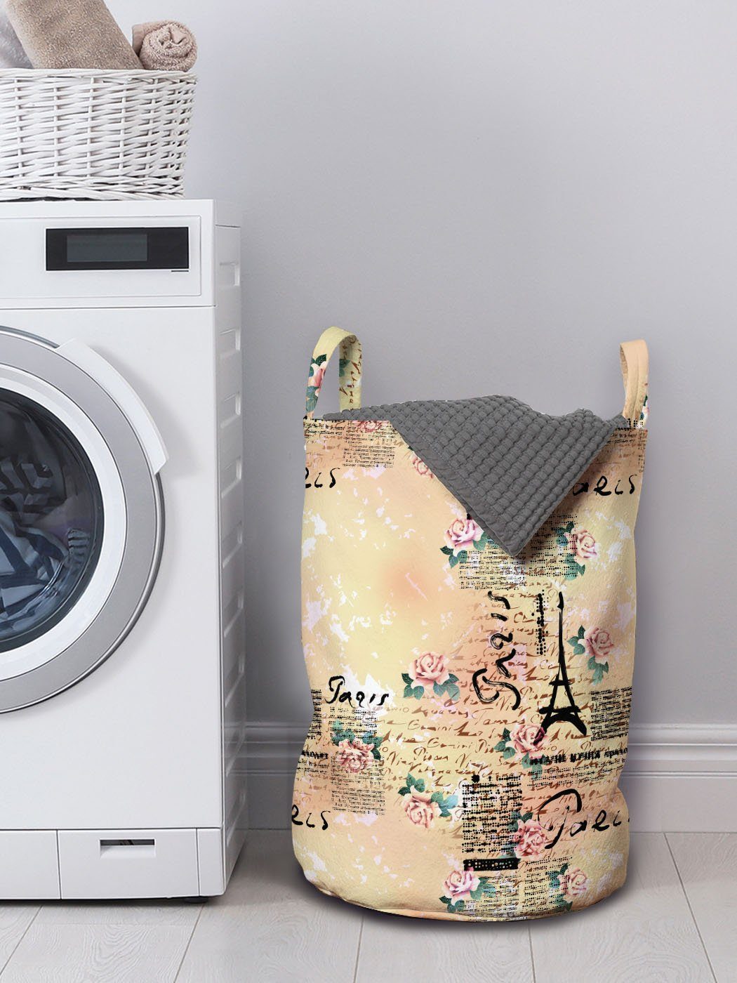 Waschsalons, Blassrosa Wäschekorb mit Abakuhaus Französisch-Beschriftung Wäschesäckchen Kordelzugverschluss Griffen für