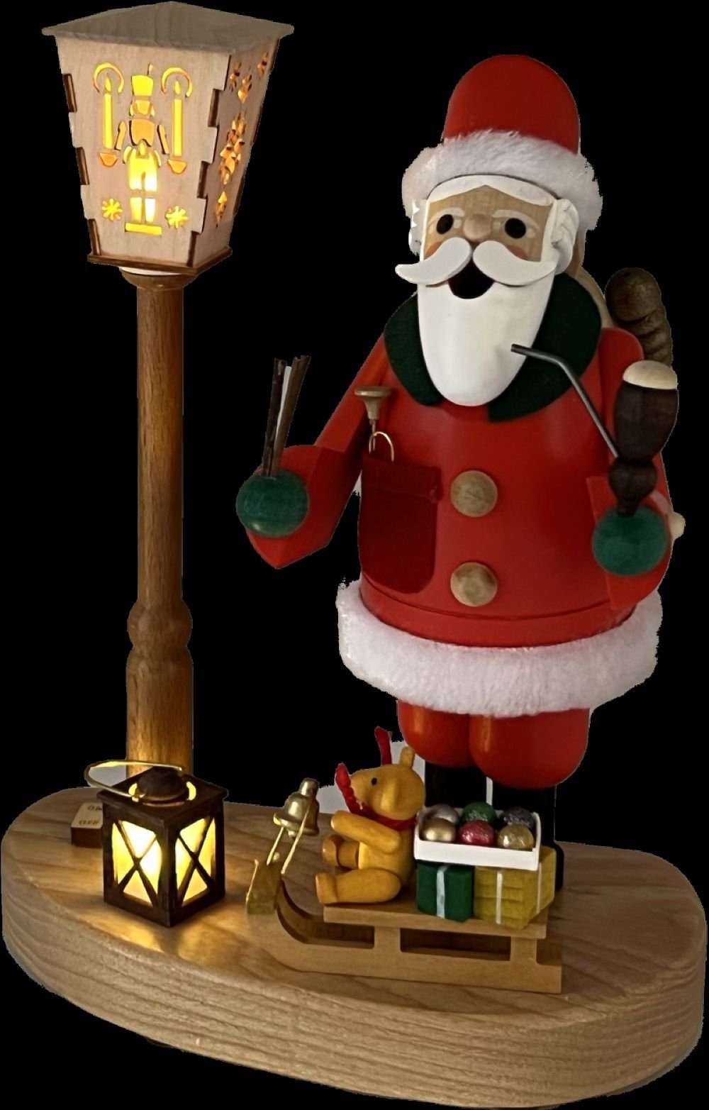 Richard Glaesser Räuchermännchen Weihnachtsmann mit beleuchteter Laterne, Höhe 20cm, Handwerkskunst original Erzgebirge