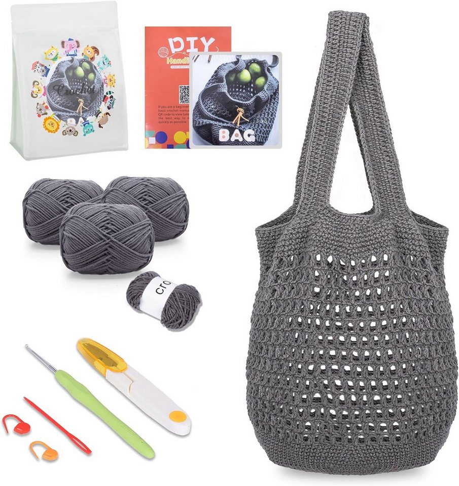 feinlux Handtasche Häkelset für Anfänger (Packung, Häkeltaschenset für Erwachsene für Damen (1Stück, Grau), mit Schritt, für-Schritt-Anleitung und Video-Tutorials DIY