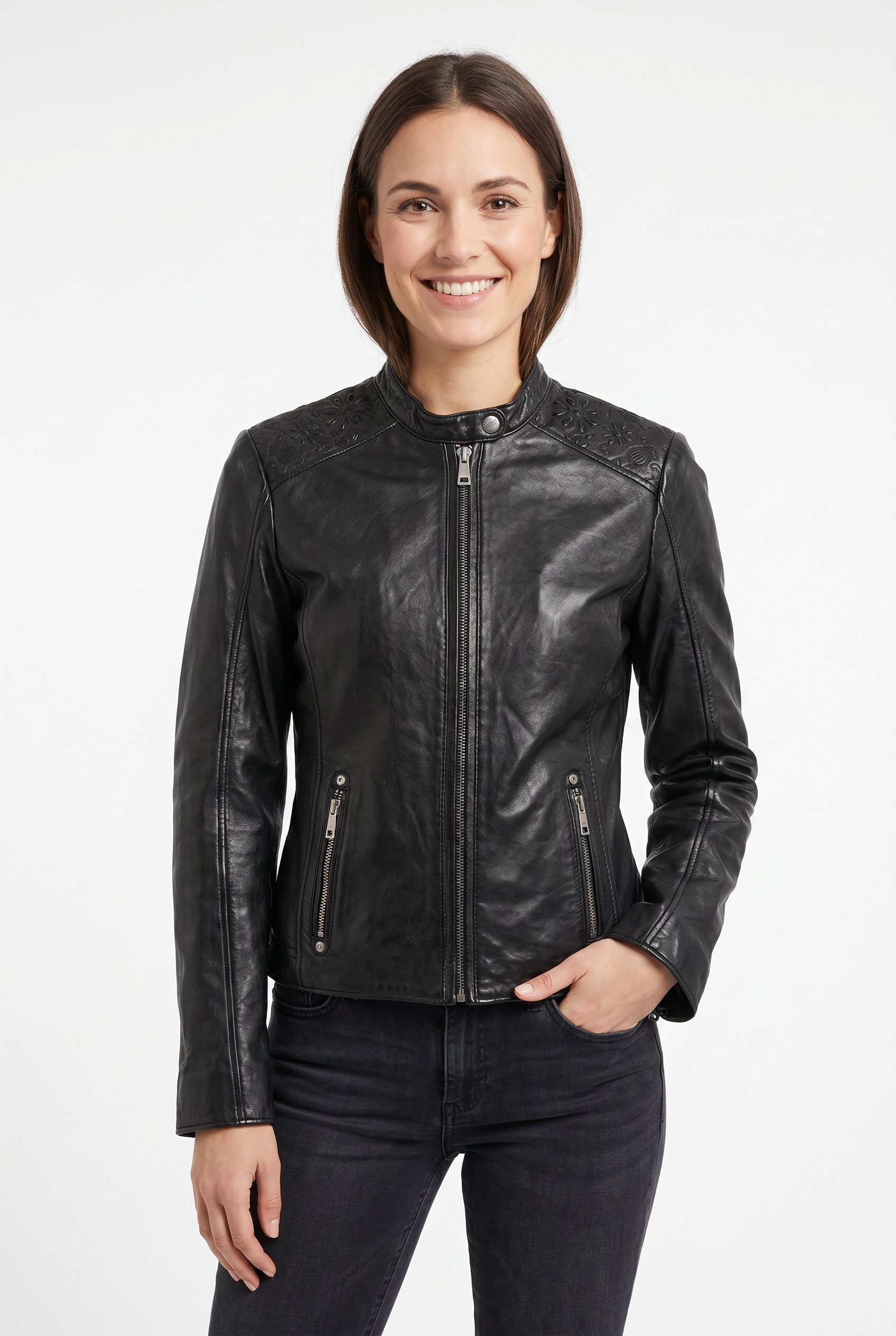 Mauritius Lederjacke MWMabou Bikerjacke mit dekorativer Schulterpartie