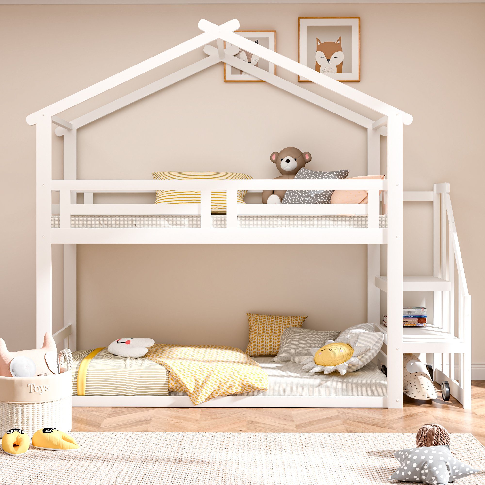 SOFTWEARY Etagenbett mit 2 Schlafgelegenheiten, Lattenrost und Treppe (90x200 cm), Holzbett aus Kiefer, Hausbett inkl. Rausfallschutz, Kinderbett