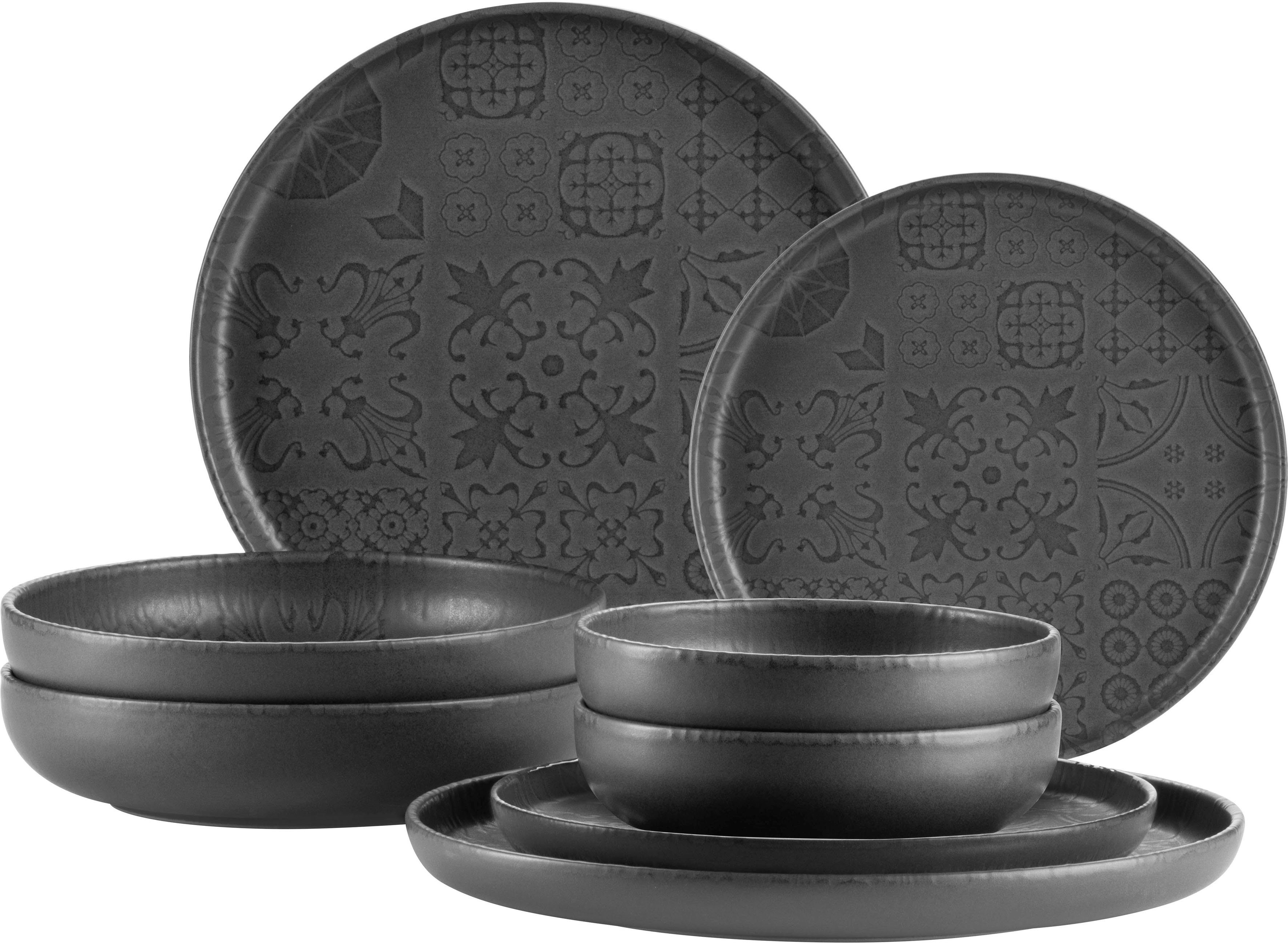 MÄSER Kombiservice Geschirr-Set, Service Traditional Tiles (8-tlg), 2 Personen, Steinzeug, kunstvolle Ornamente, 8 Teile, für 2 Personen