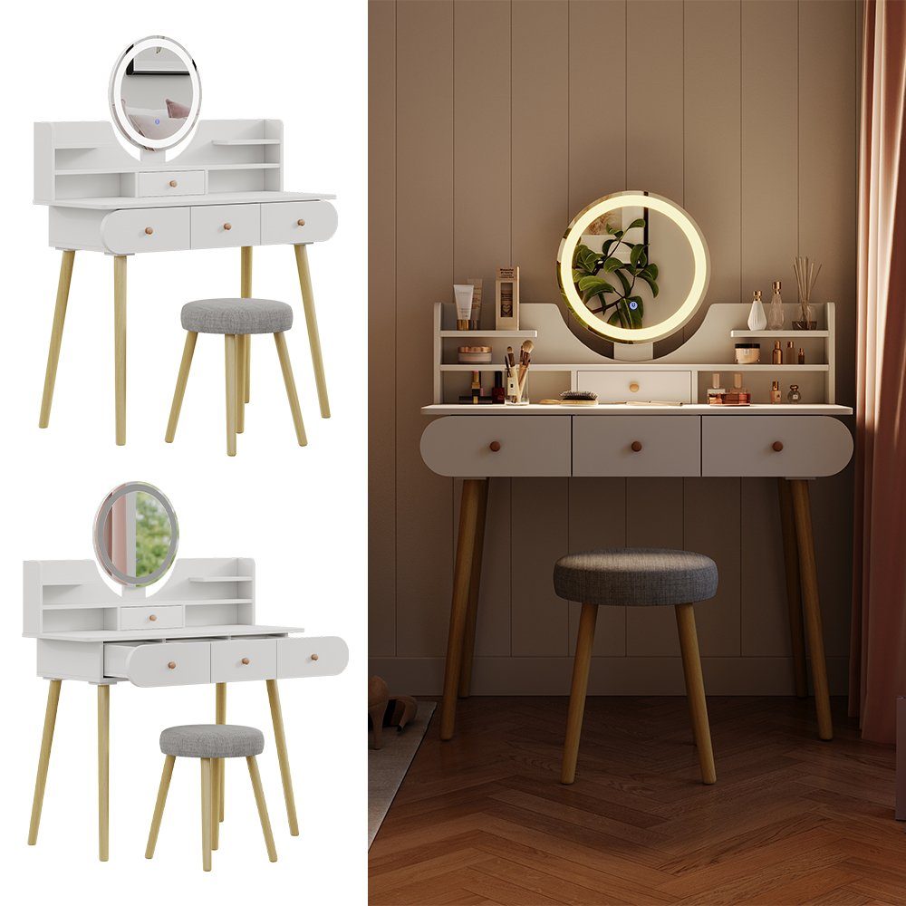 Vicco Schminktisch Edda, Weiß, 100 cm mit LED-Spiegel und Hocker günstig online kaufen