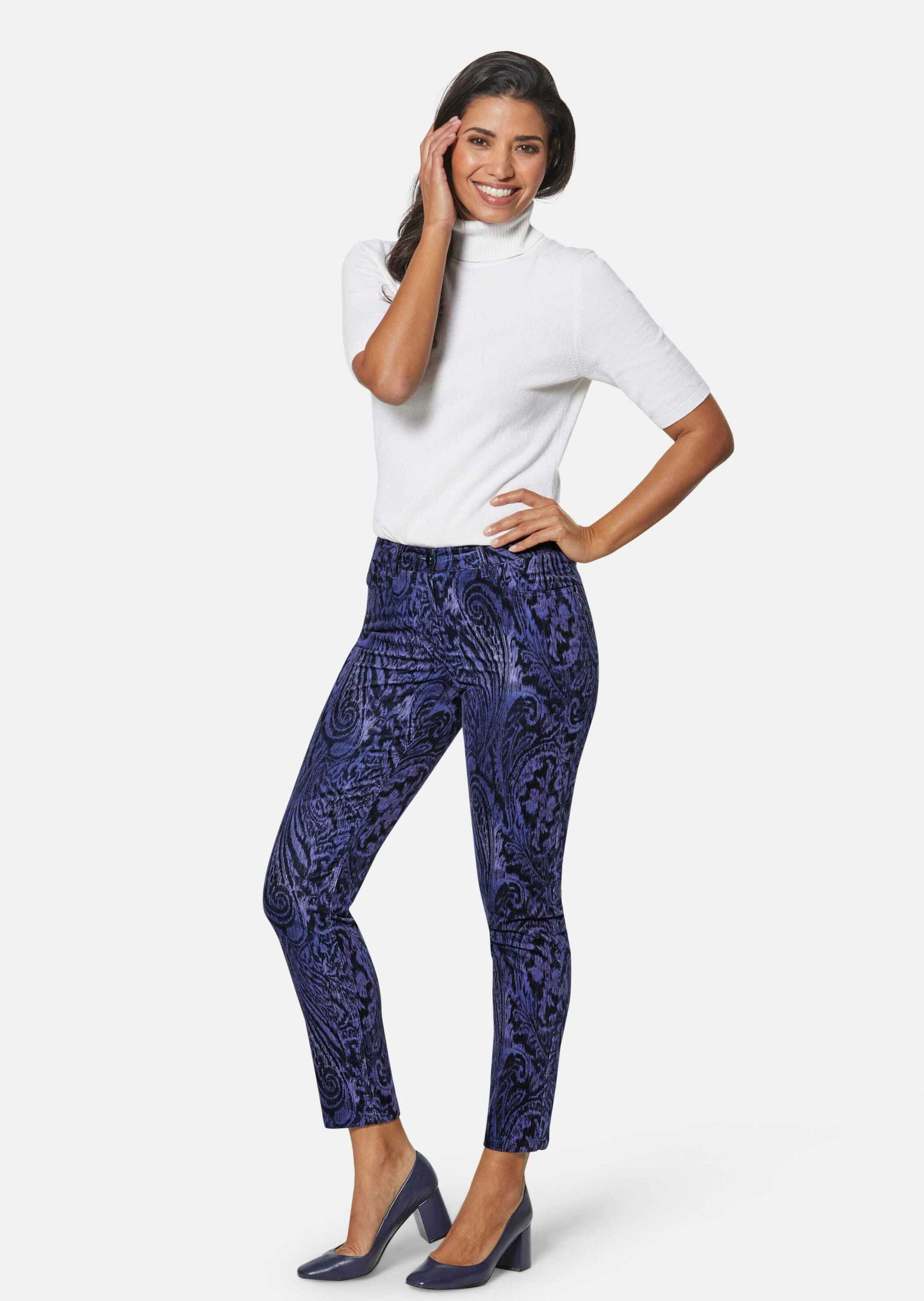 MADELEINE Stoffhose Schlanke Hose mit Paisley-Print, Stretch Detailverliebtes Muster, V-Passe hinten, Reißverschluss