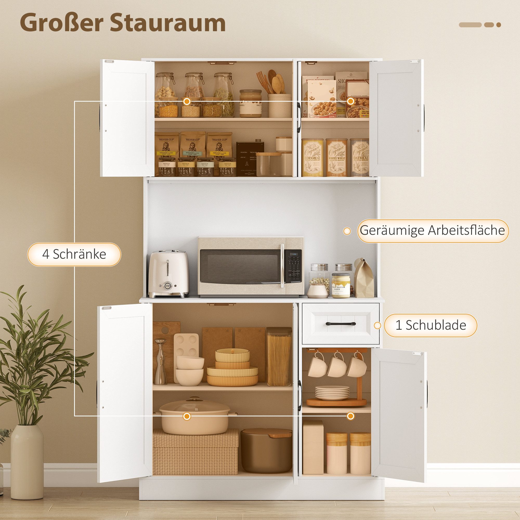 HOMCOM Küchenbuffet Küchenschrank mit Arbeitsplatte, 6 Türen, Schublade, Hochschrank (Buffetschrank, 1-St., Küchenschrank) für Küche Wohnzimmer Esszimmer 100 x  – Bild 4 von 5