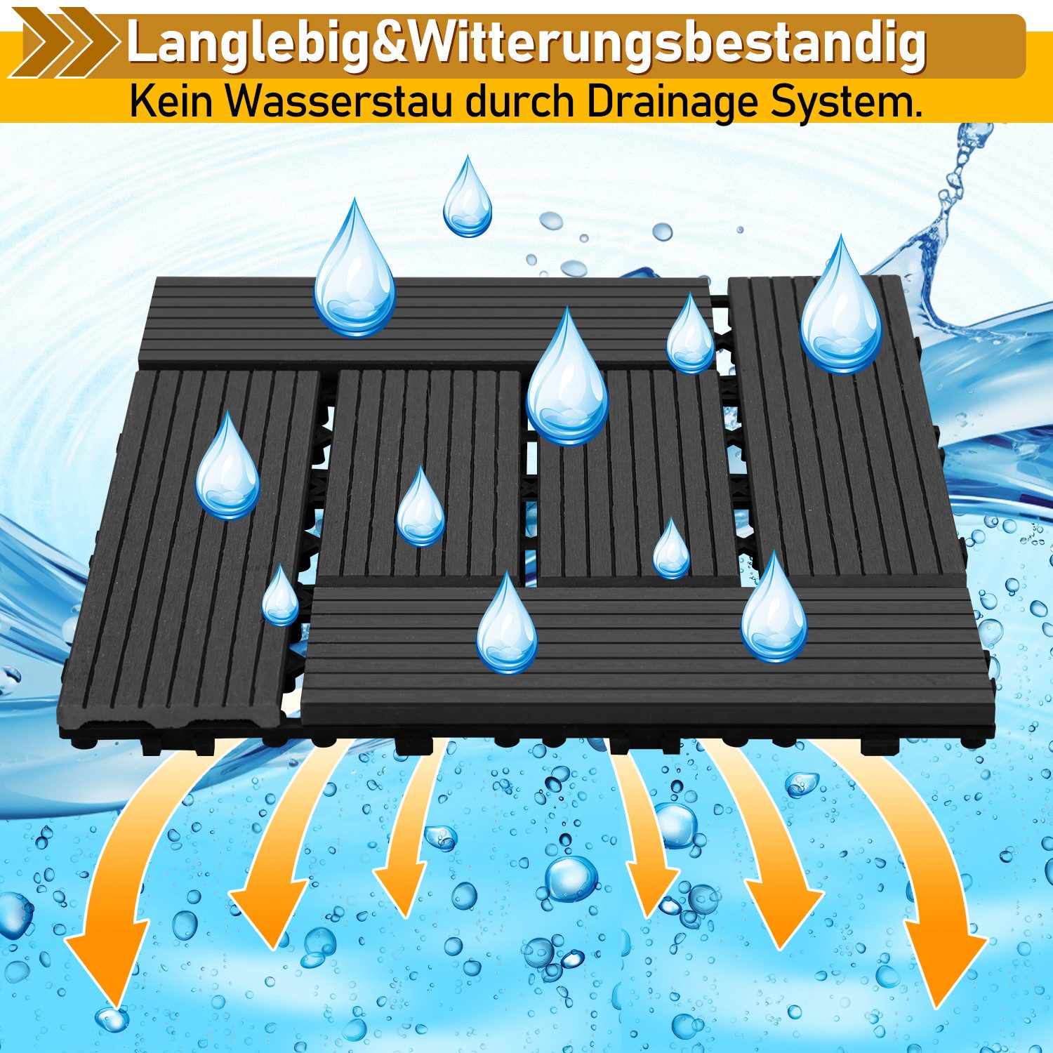 Clanmacy Holzfliesen Terrassenplatte Balkonfliesen mit Drainage und Klicksystem für Garten, 11 St., Größe: 30x30cm (LxB), Farbe: Anthrazit/Braun