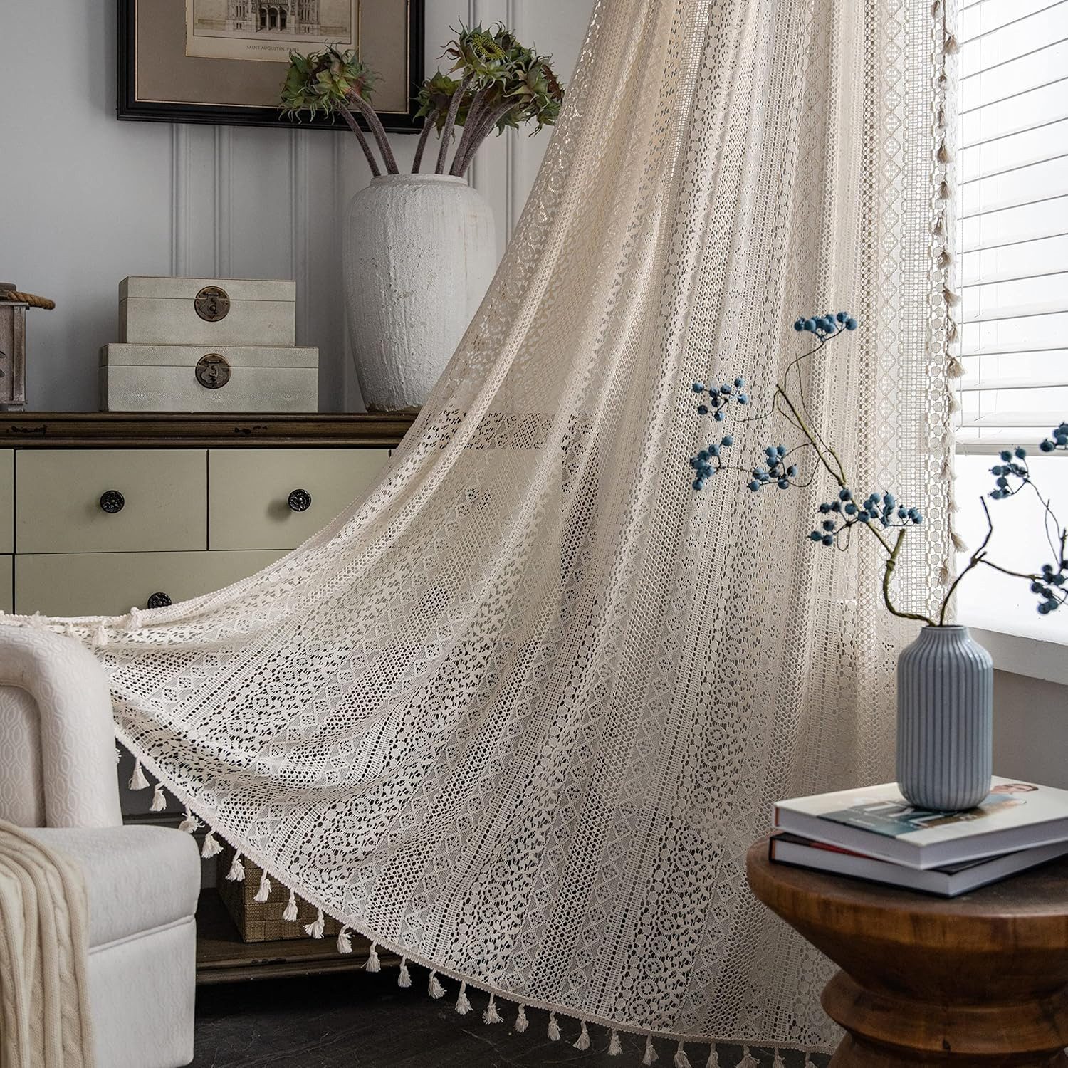 VEKROBOT Gardine 2er Set beige Häkel Vorhänge lichtdurchlässig Wohnzimmer Schlafzimmer (2 St), Boho Vorhang für Schlafzimmer Wohnzimmer 150 × 200 cm