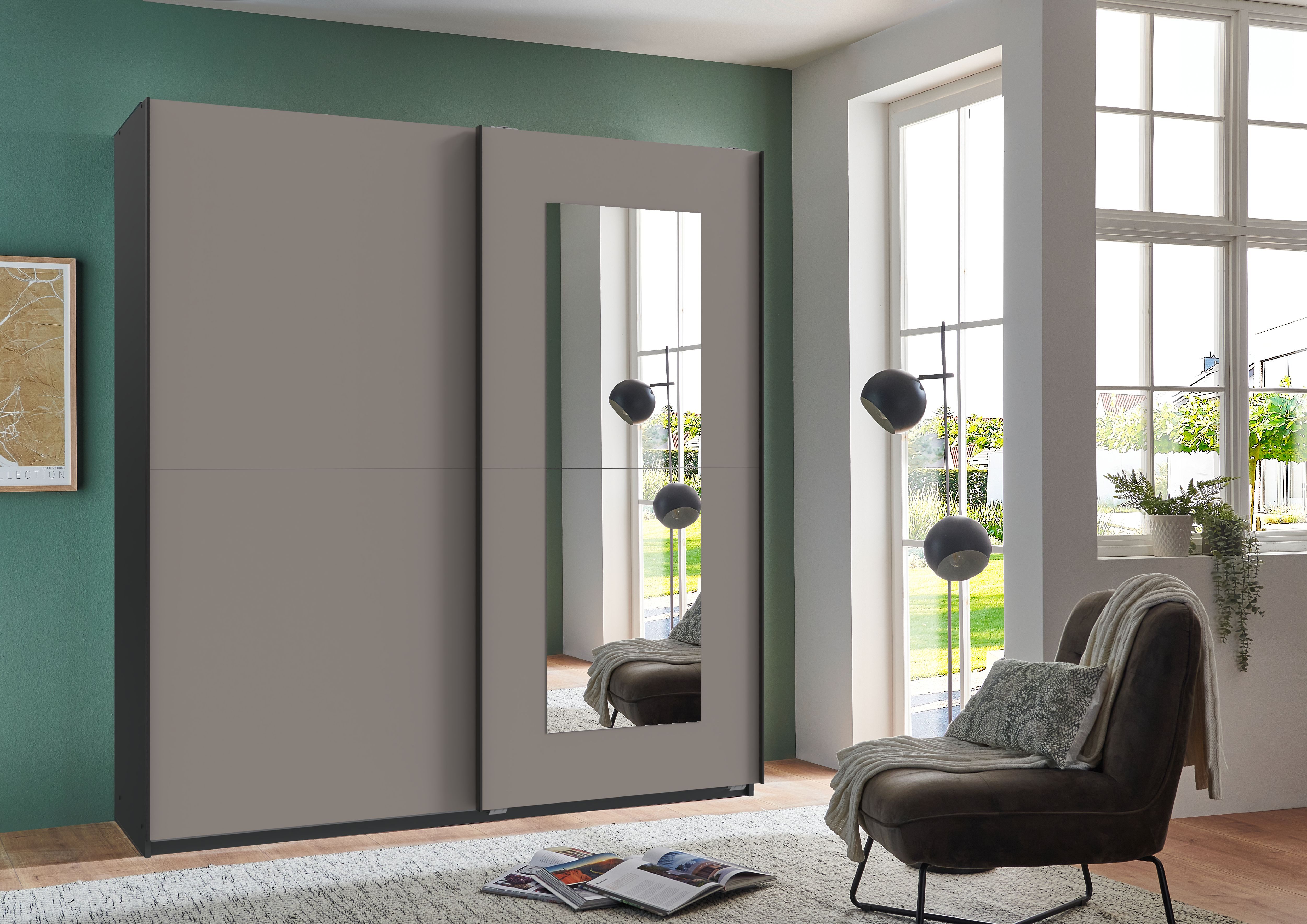 möbel-direkt.de Schwebetürenschrank Dunen in Grafit mit Saharagrau (Komplett, 1-St., Kleiderschrank) Made in Germany, mit Spiegel