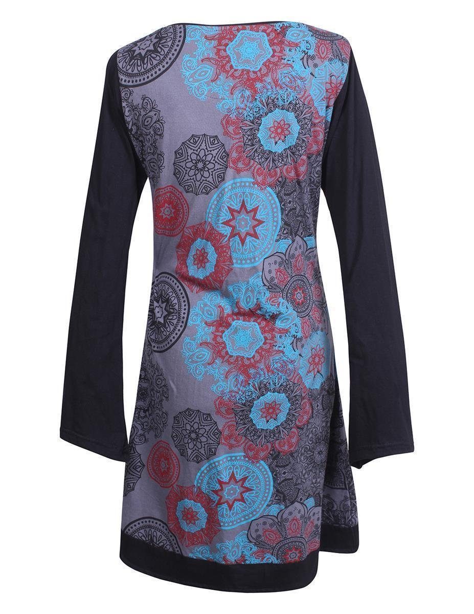 Kleid Jerseykleid Lagen-Look Long Mandalas V-Ausschnitt Hippie-Kleid grau Shirt, Vishes Langarm