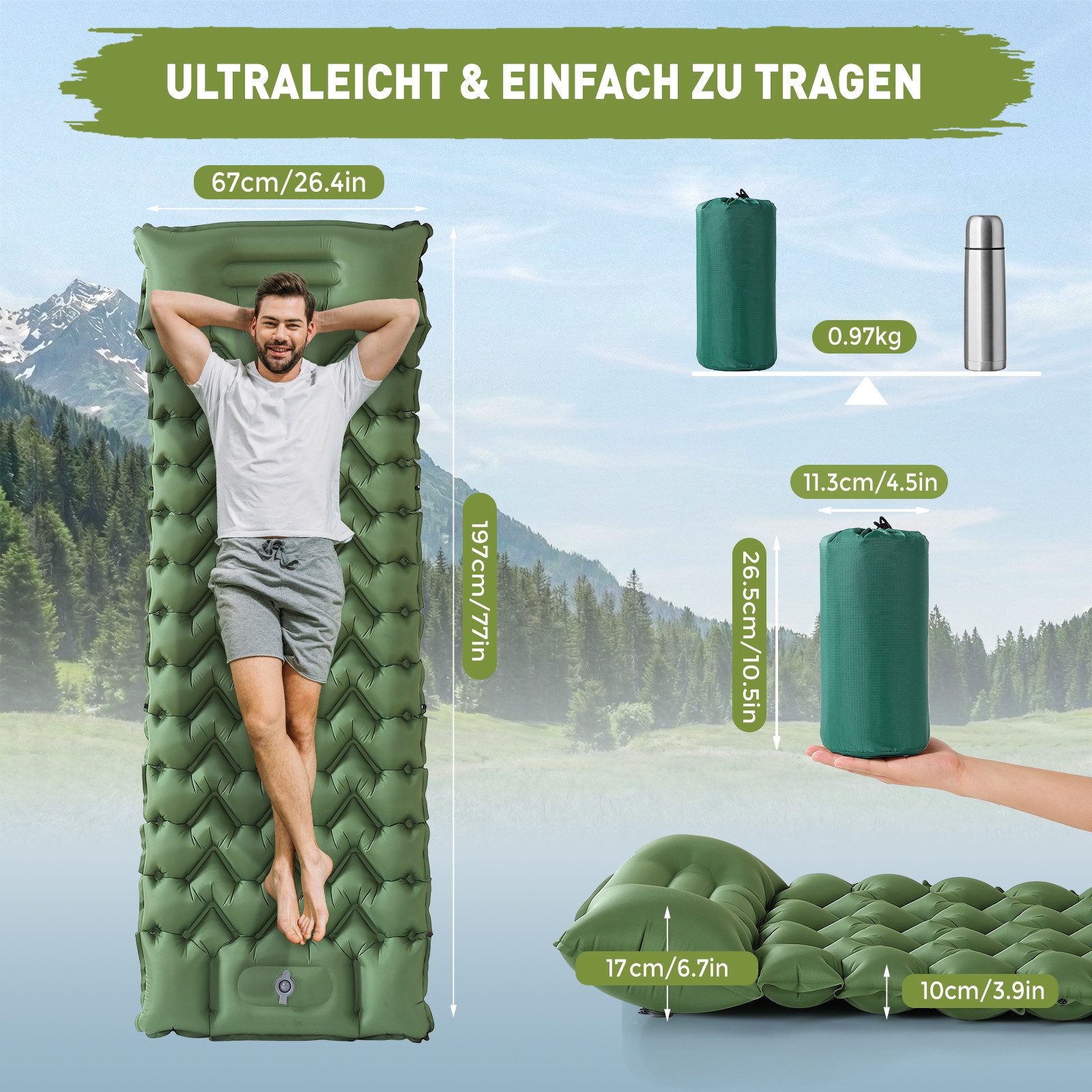 Elegear Isomatte Isomatte Selbstaufblasende mit Fußpumpe & Kissen, Campingmatte leichte, (1-tlg., für 1 Personen), 197x67cm Aufblasbare Isomatte für Wandern Strand Reisen Zelt Outdoor